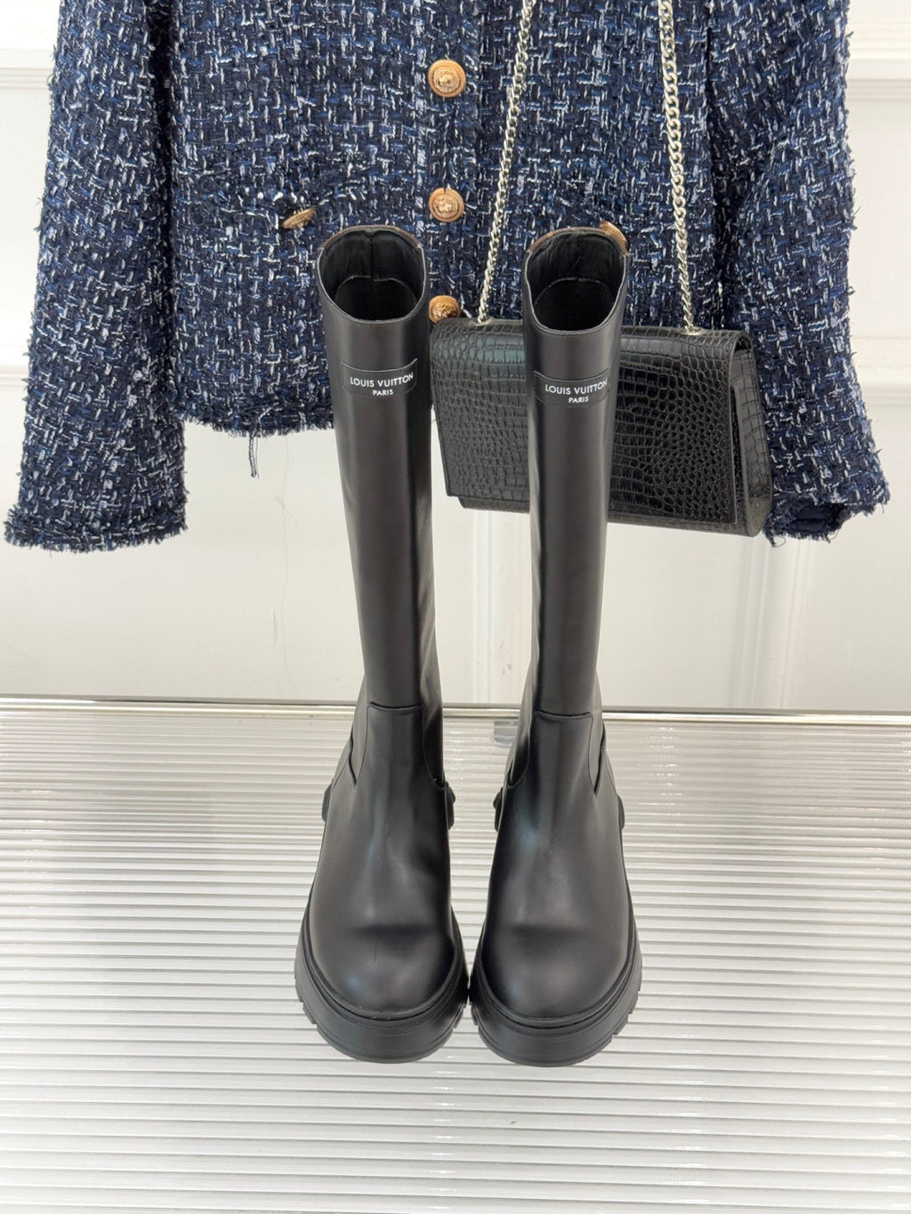 LV Tall Boots - Black Leather Monogram Panel Knee-High