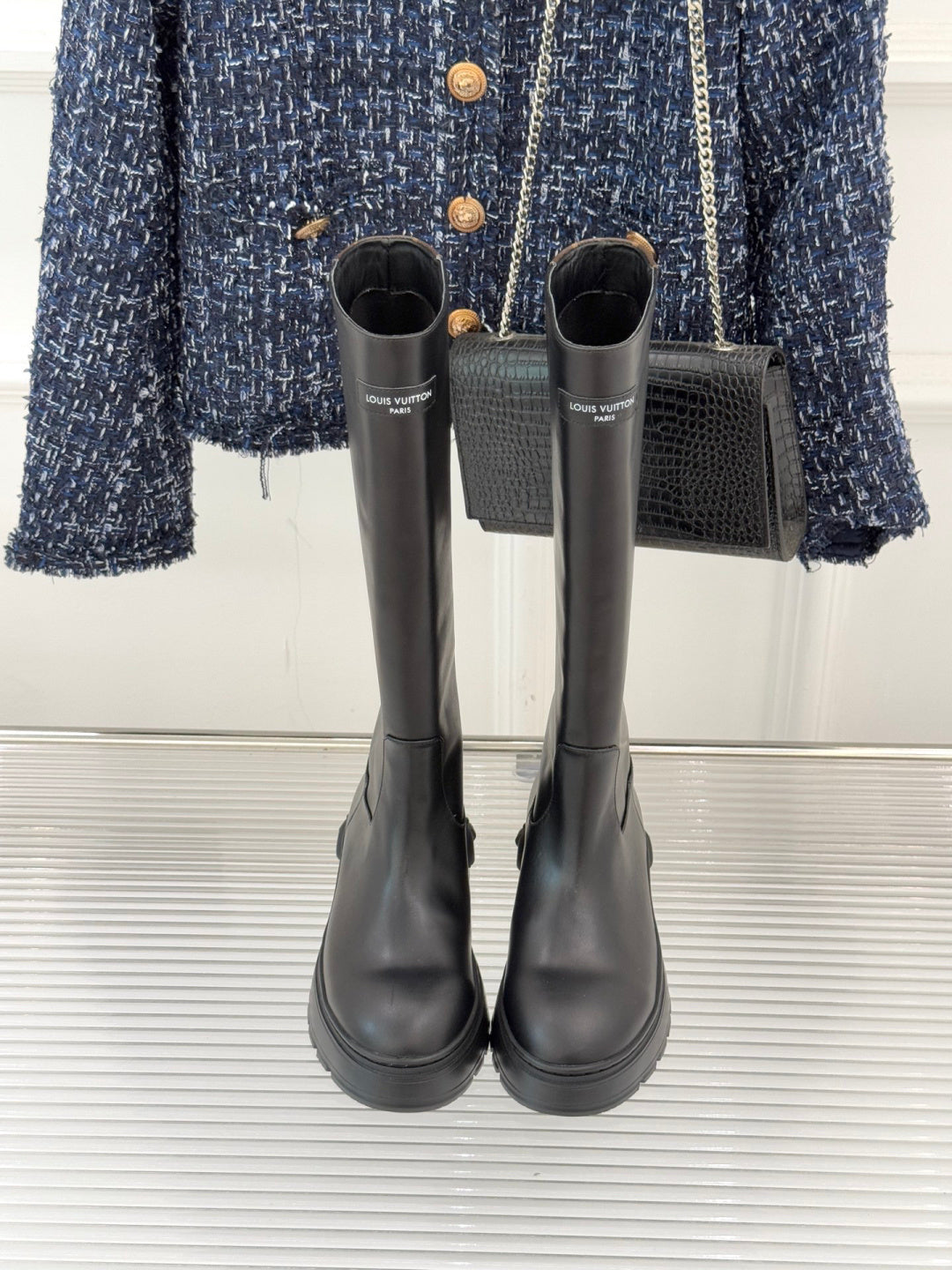 LV Tall Boots - Black Leather Monogram Panel Knee-High