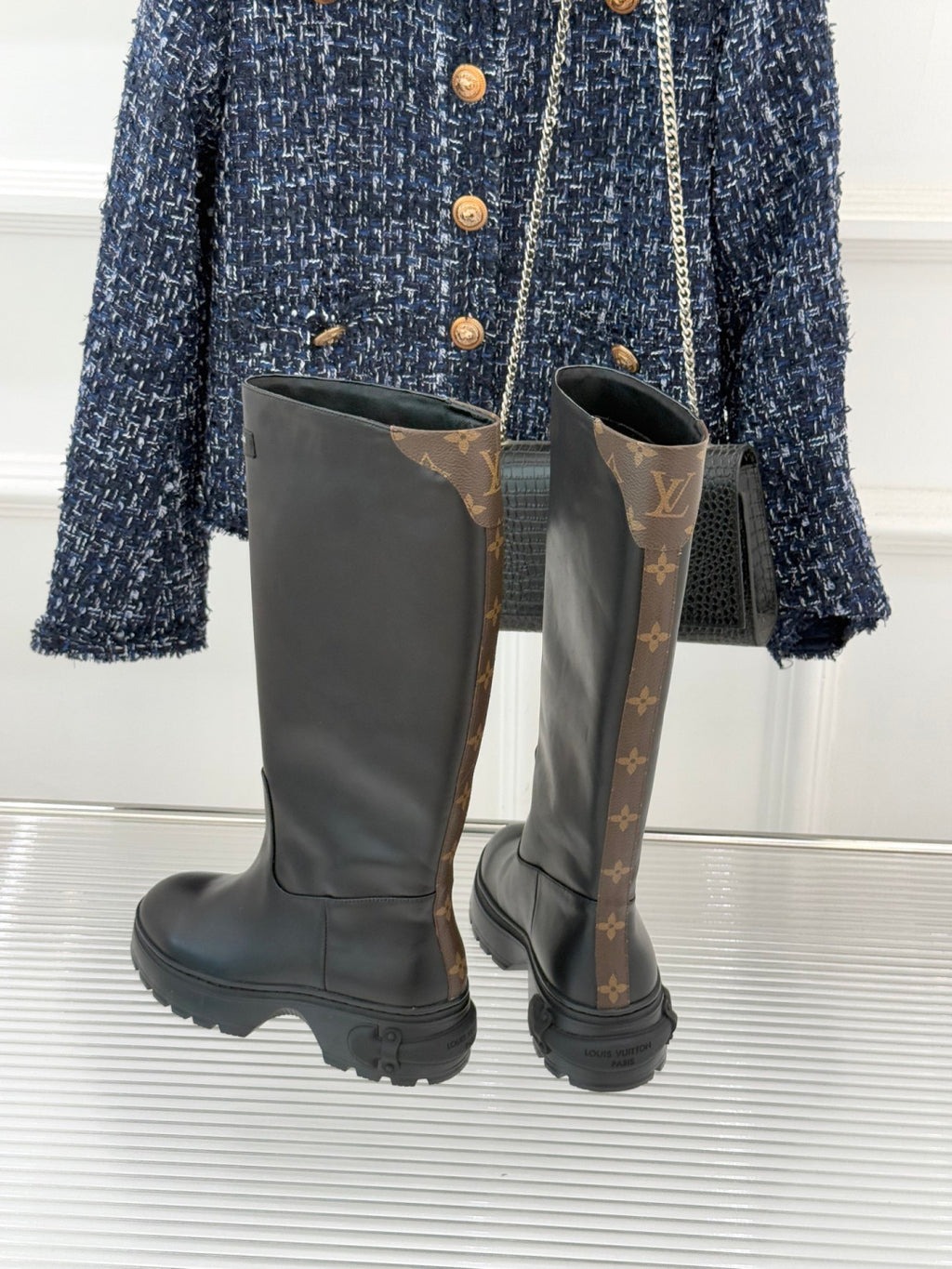 LV Tall Boots - Black Leather Monogram Panel Knee-High