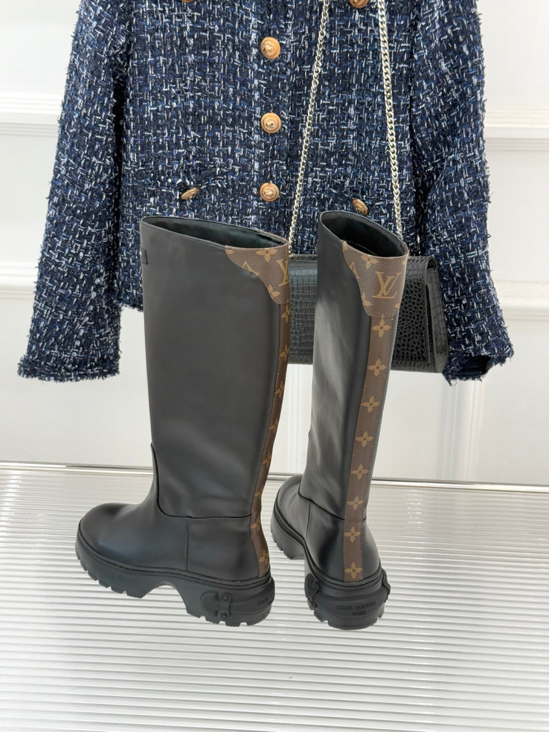 LV Tall Boots - Black Leather Monogram Panel Knee-High