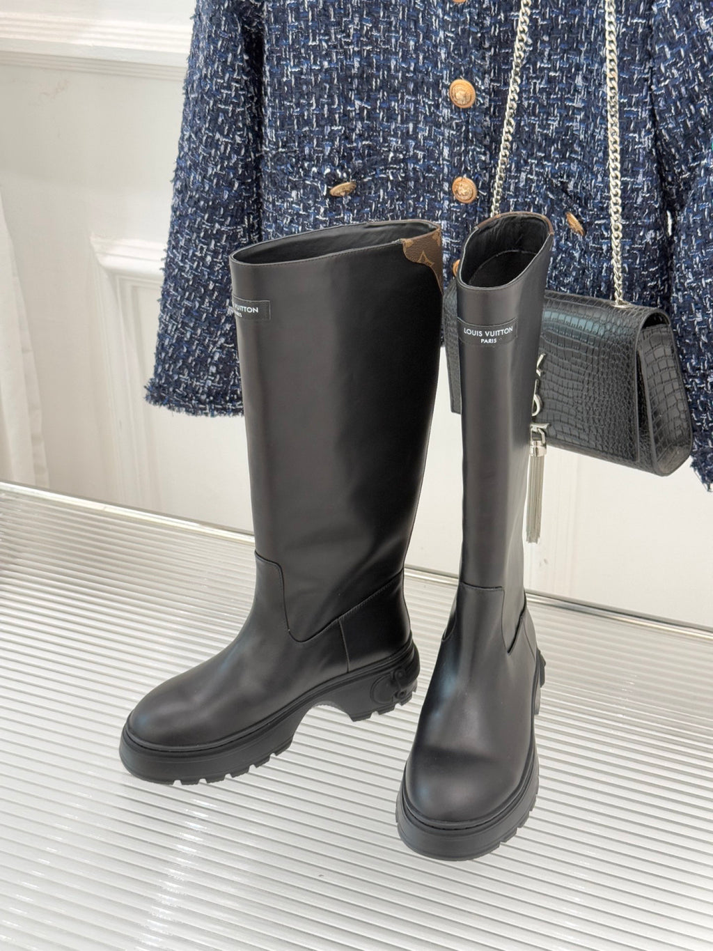 LV Tall Boots - Black Leather Monogram Panel Knee-High
