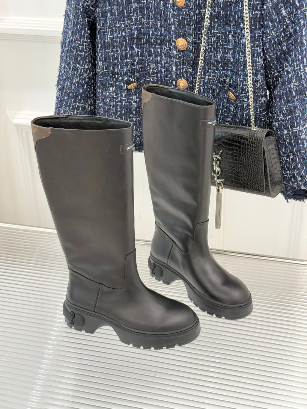 LV Tall Boots - Black Leather Monogram Panel Knee-High