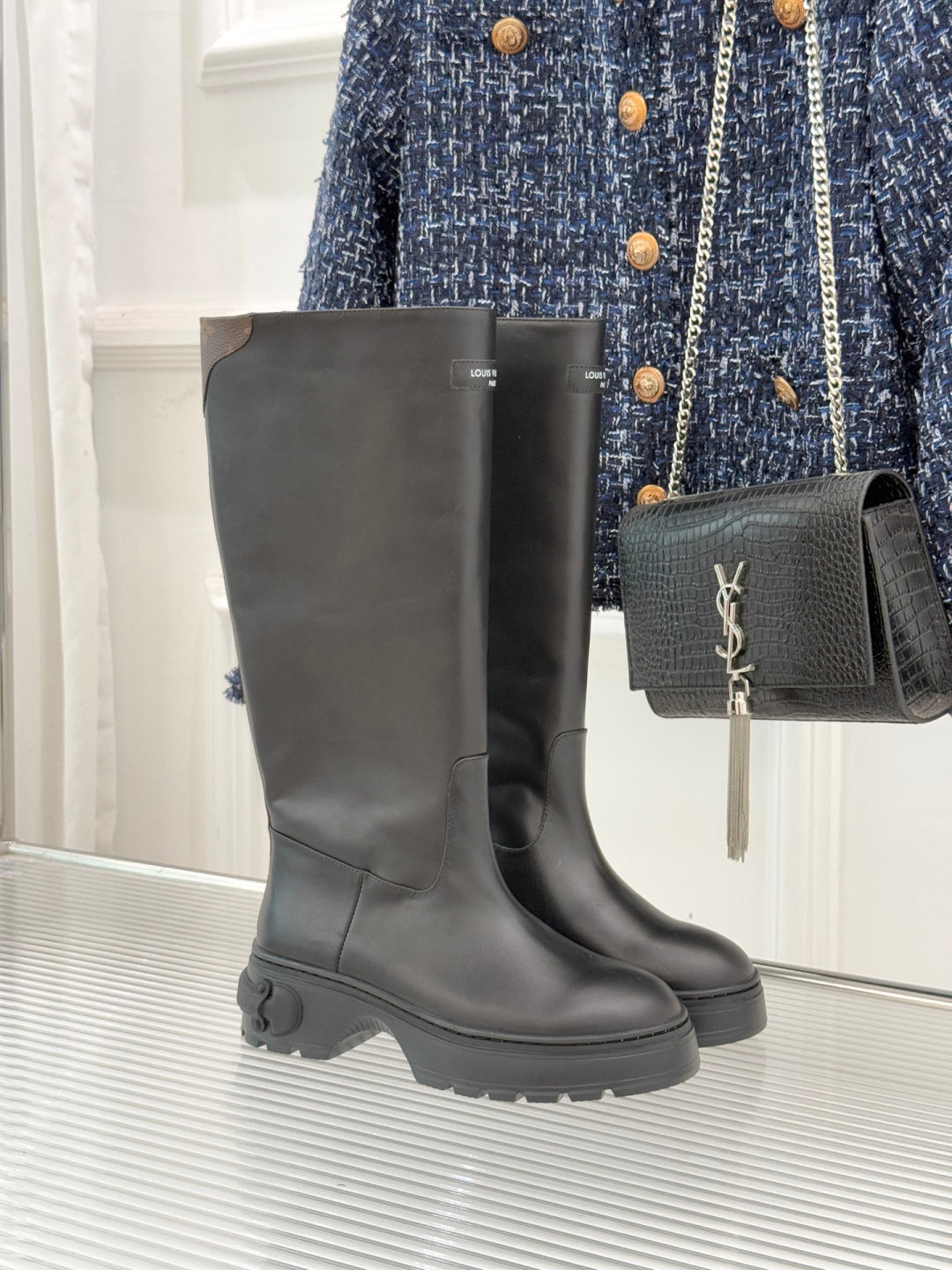 LV Tall Boots - Black Leather Monogram Panel Knee-High