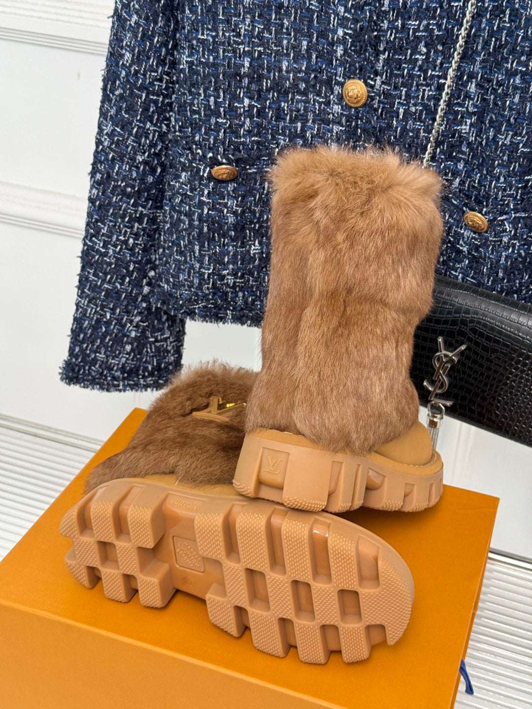 LV Snow Boots - Tan Fur Platform Ankle Boots