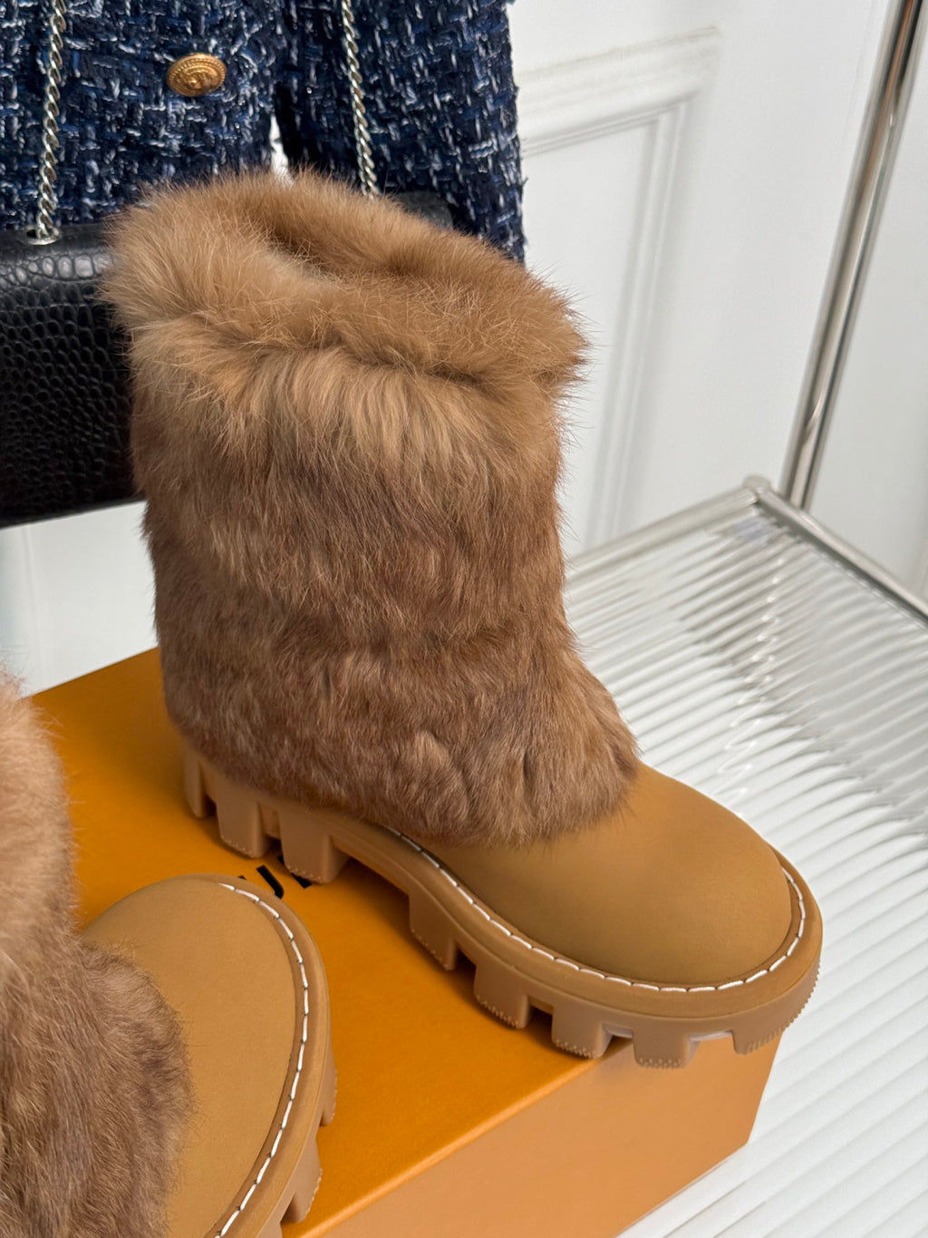 LV Snow Boots - Tan Fur Platform Ankle Boots