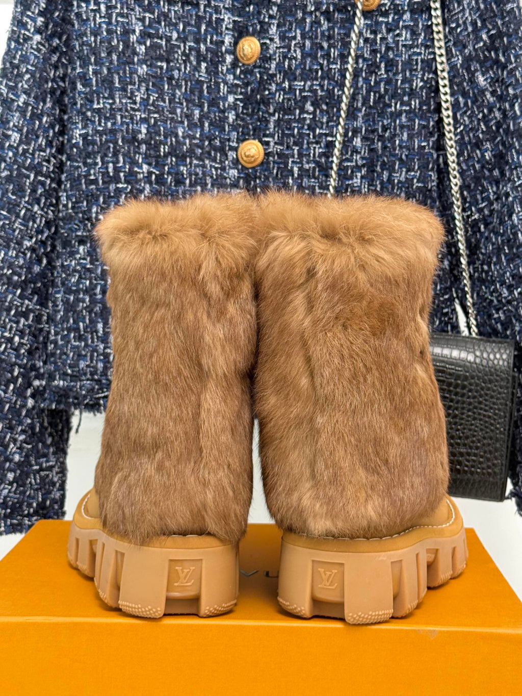 LV Snow Boots - Tan Fur Platform Ankle Boots