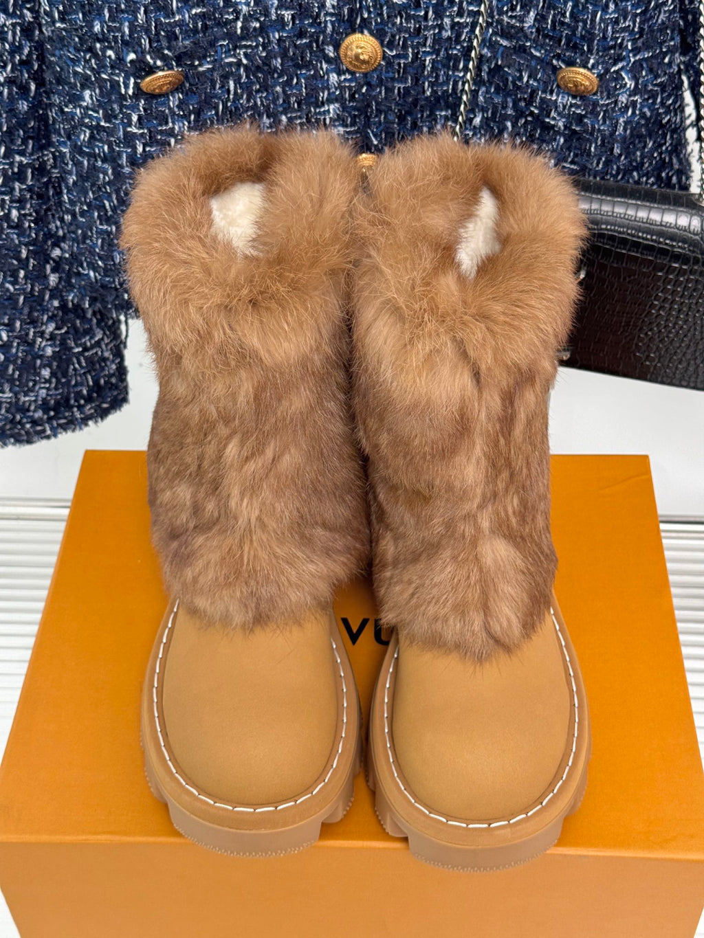 LV Snow Boots - Tan Fur Platform Ankle Boots