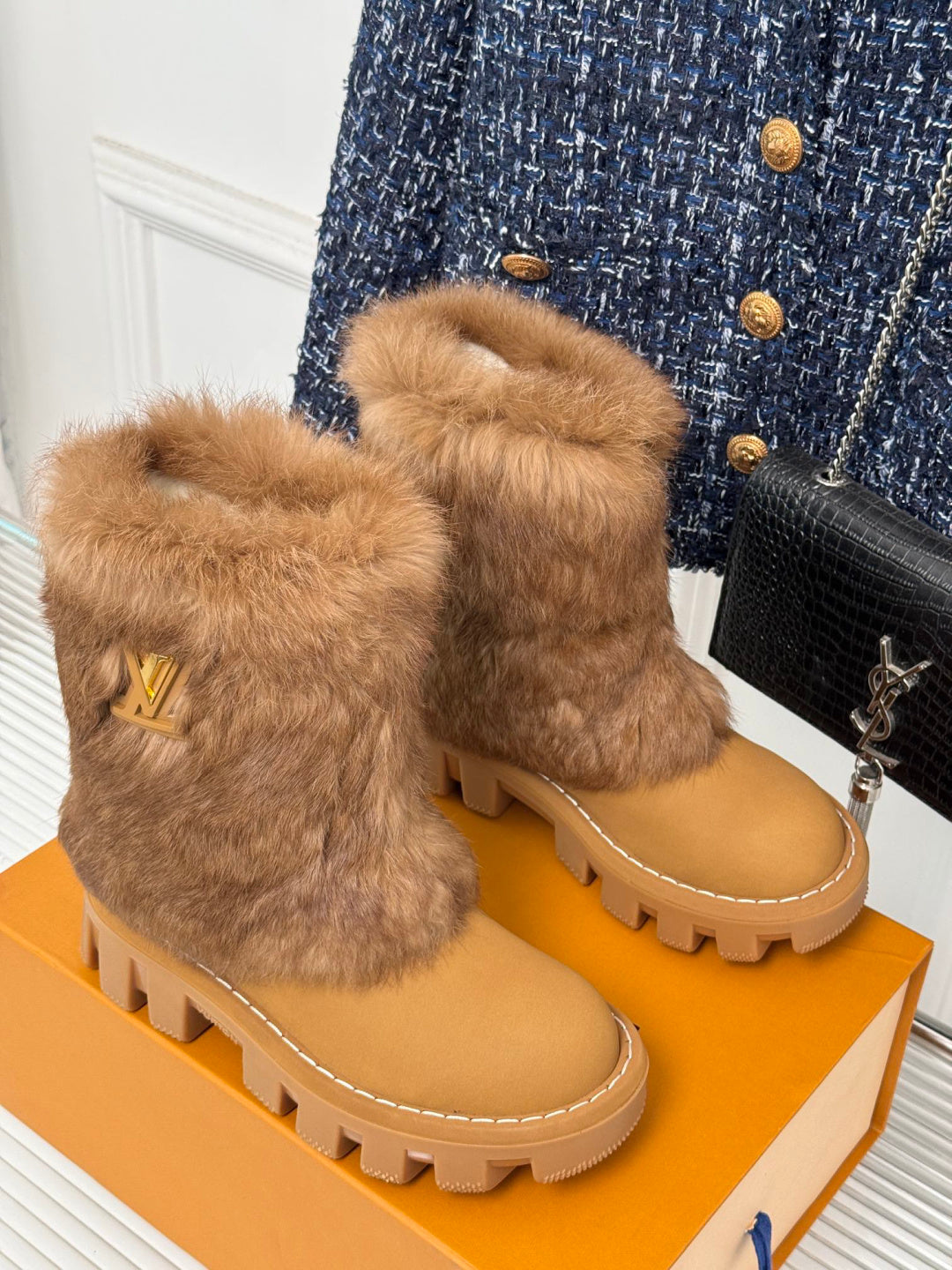 LV Snow Boots - Tan Fur Platform Ankle Boots