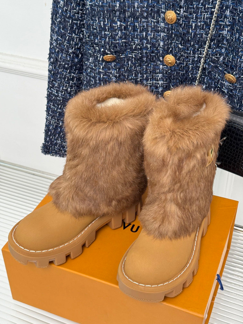 LV Snow Boots - Tan Fur Platform Ankle Boots