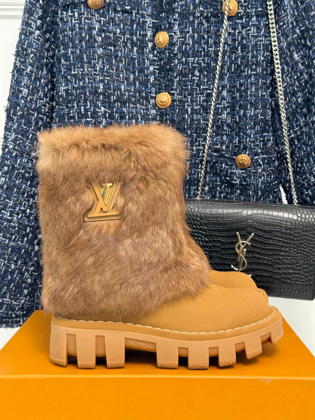 LV Snow Boots - Tan Fur Platform Ankle Boots
