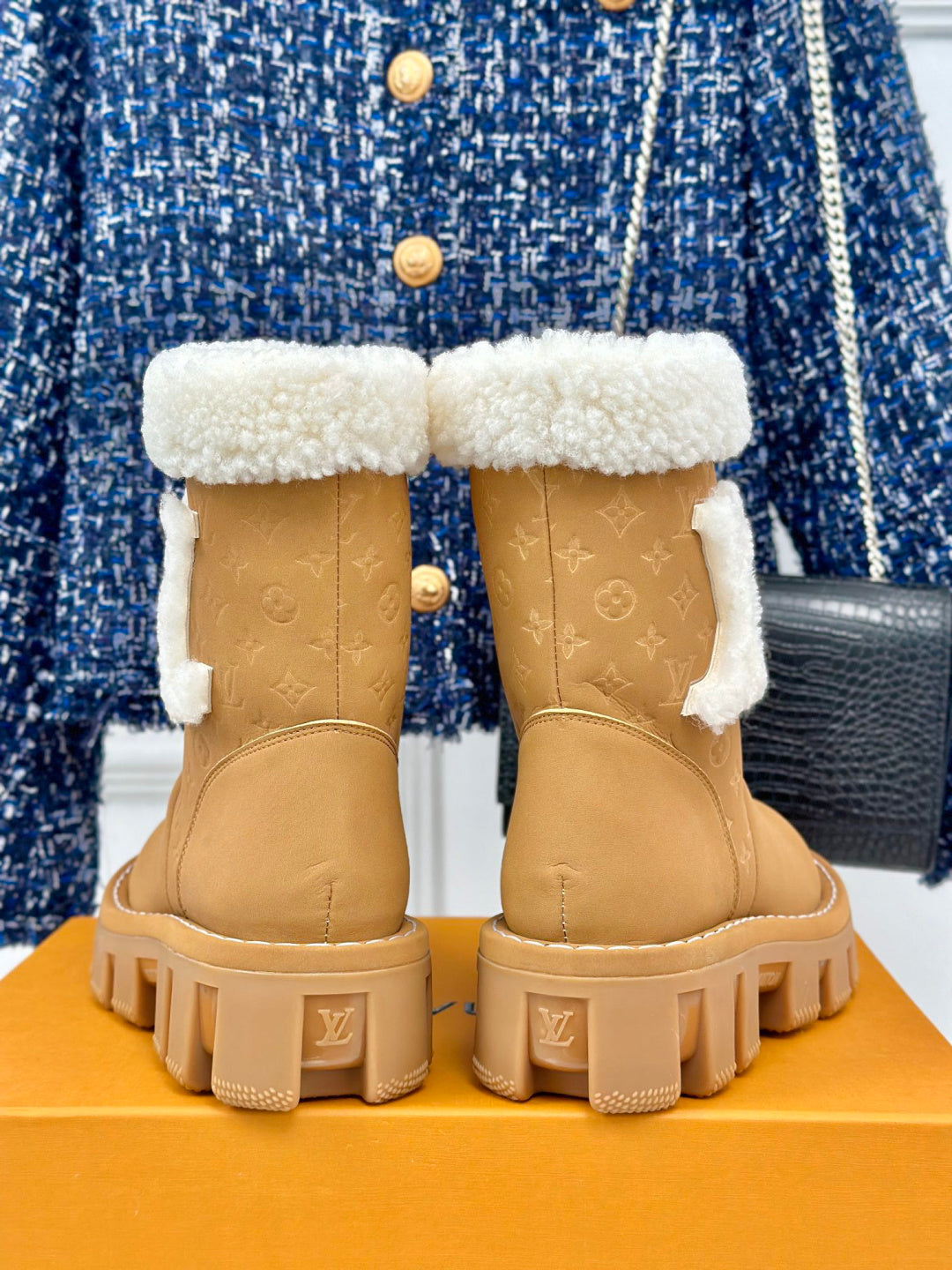 LV Snow Boots - Black Monogram Shearling Heart Charm Ankle Boots