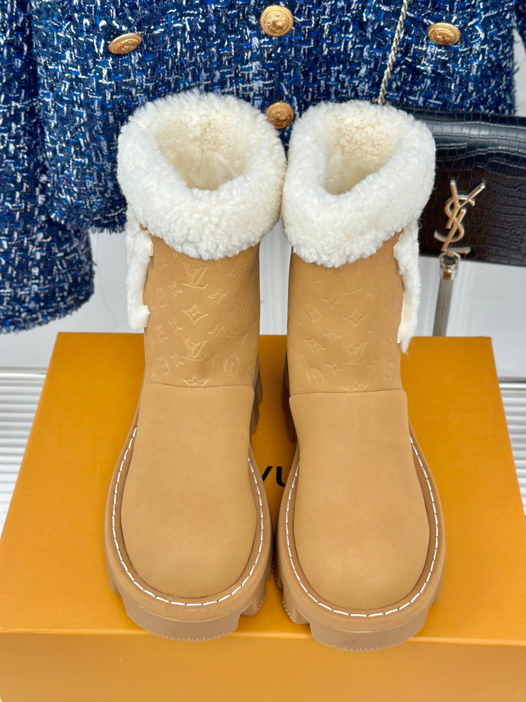 LV Snow Boots - Black Monogram Shearling Heart Charm Ankle Boots