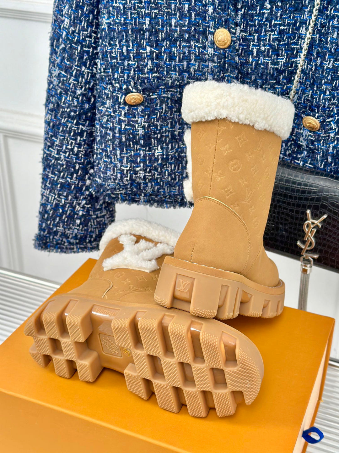 LV Snow Boots - Black Monogram Shearling Heart Charm Ankle Boots