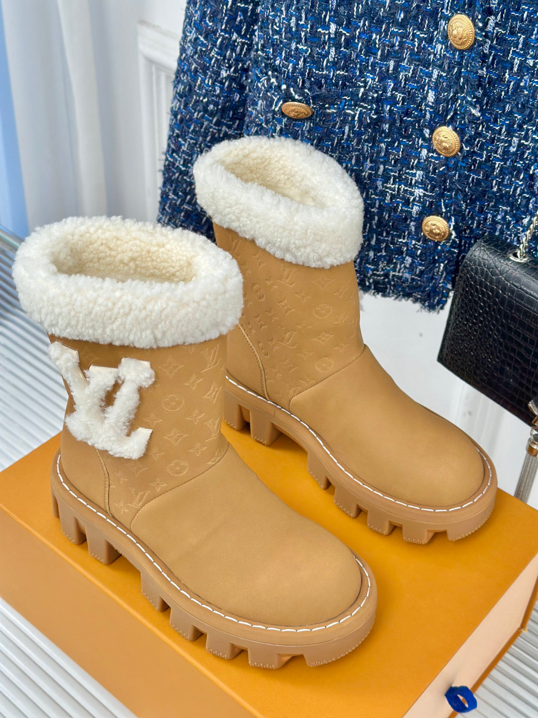 LV Snow Boots - Black Monogram Shearling Heart Charm Ankle Boots