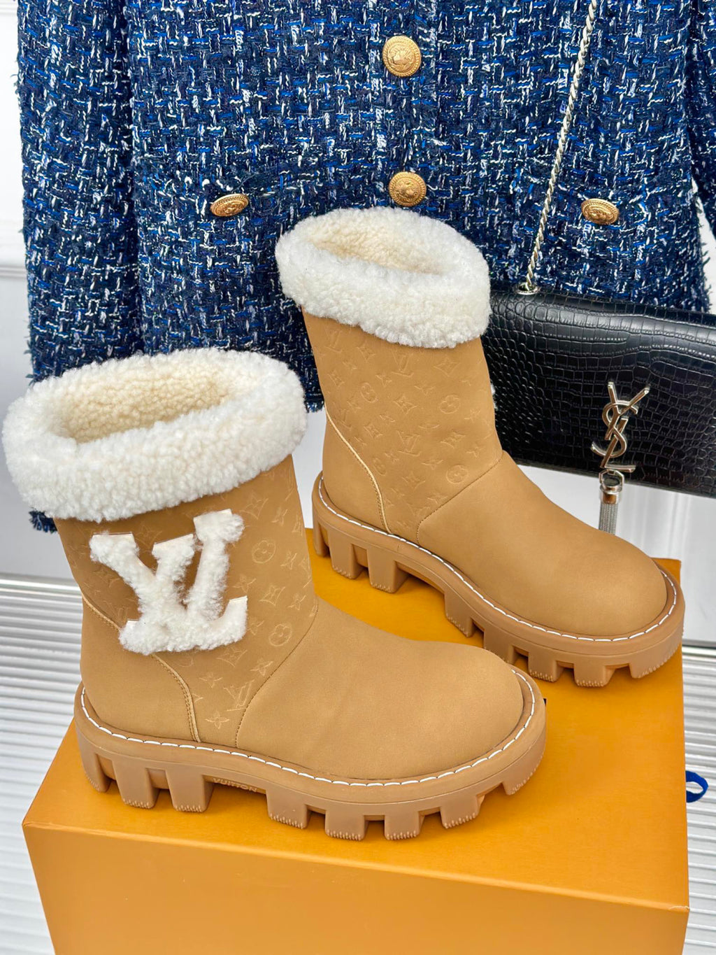 LV Snow Boots - Black Monogram Shearling Heart Charm Ankle Boots
