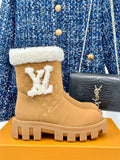 LV Snow Boots - Black Monogram Shearling Heart Charm Ankle Boots