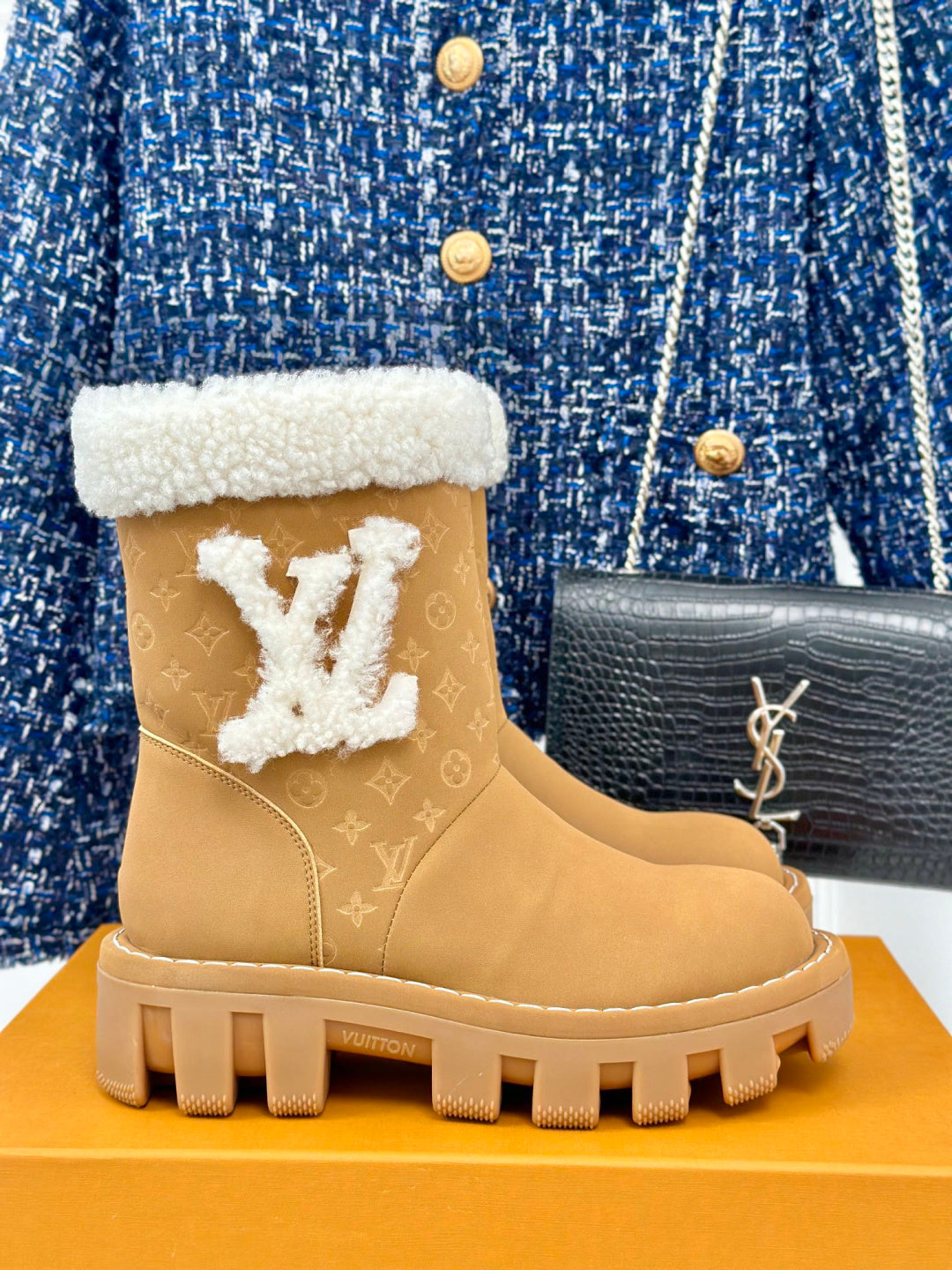 LV Snow Boots - Black Monogram Shearling Heart Charm Ankle Boots