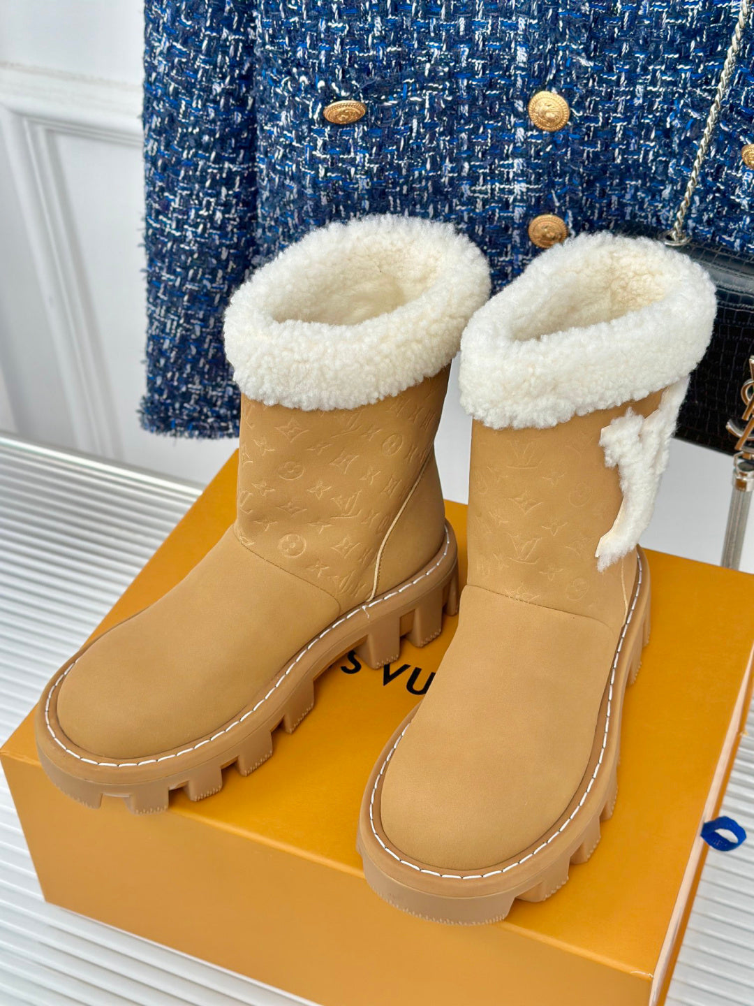 LV Snow Boots - Black Monogram Shearling Heart Charm Ankle Boots