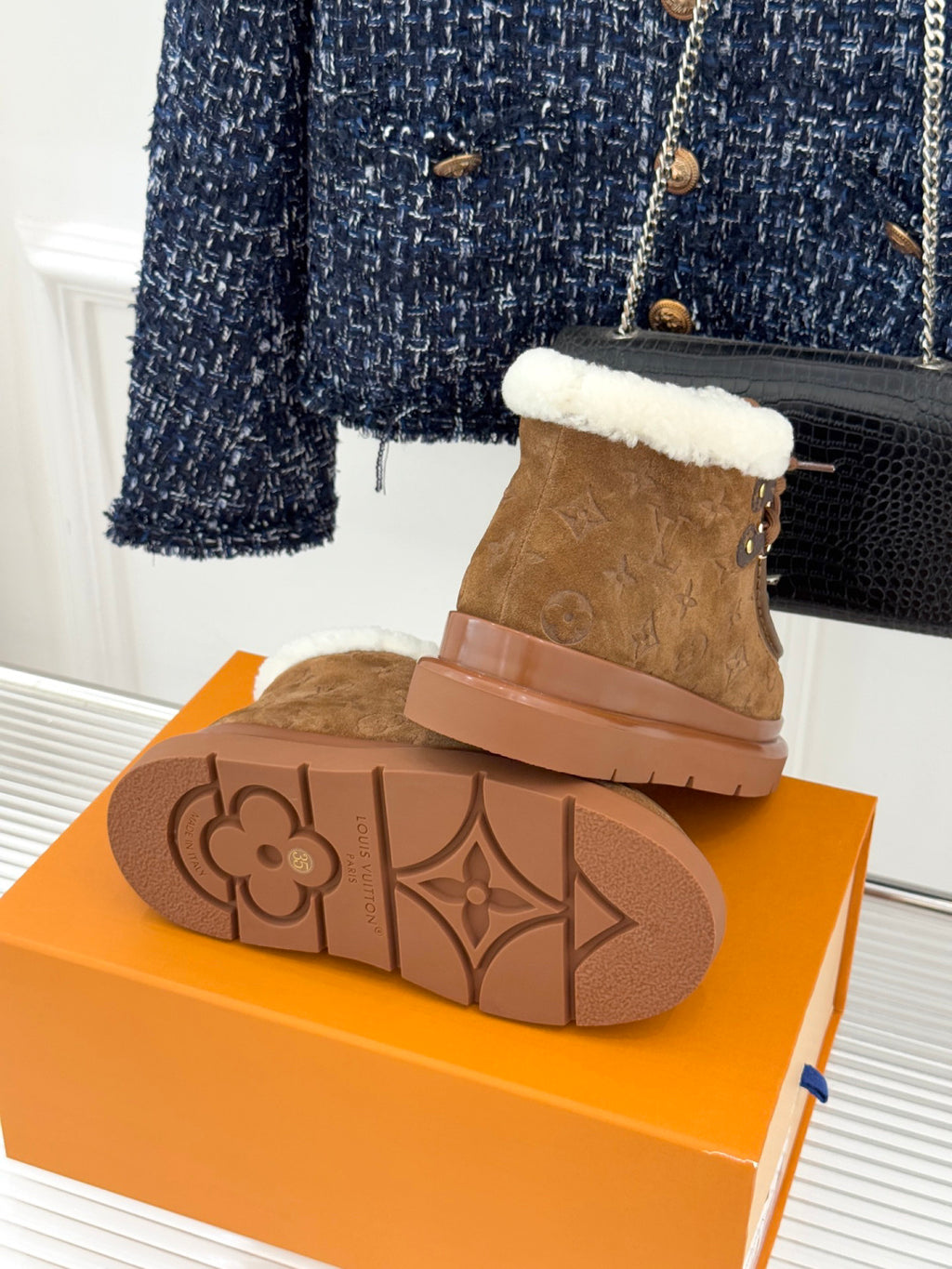 LV Snow Boots - Black Monogram Shearling Heart Charm Ankle Boots