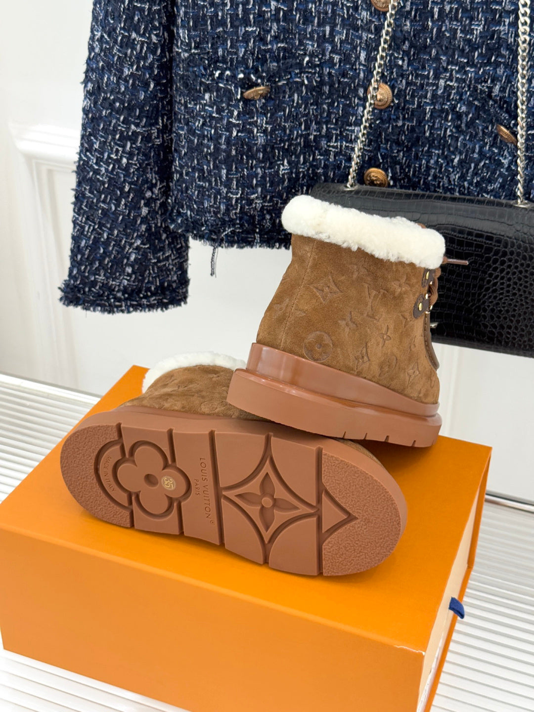 LV Snow Boots - Black Monogram Shearling Heart Charm Ankle Boots