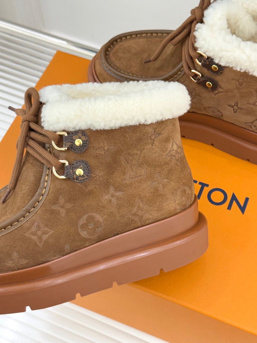 LV Snow Boots - Black Monogram Shearling Heart Charm Ankle Boots