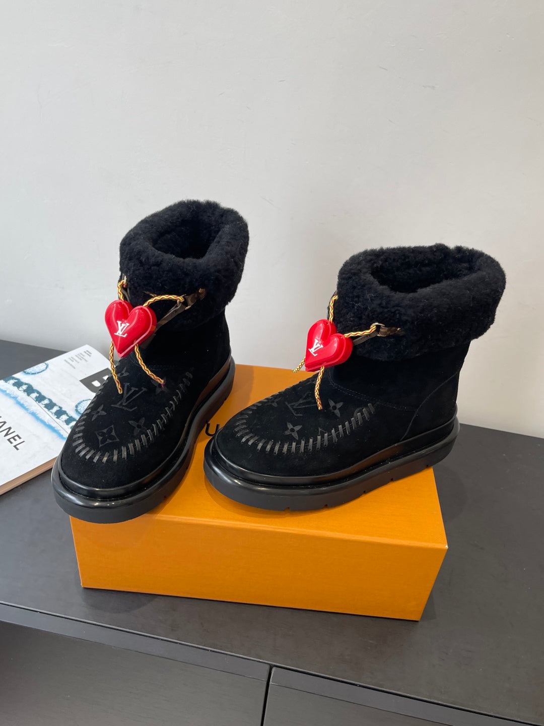 LV Snow Boots - Black Monogram Shearling Heart Charm Ankle Boots