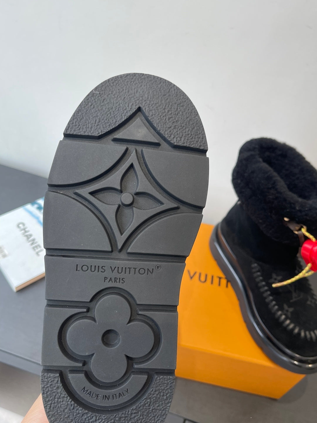LV Snow Boots - Black Monogram Shearling Heart Charm Ankle Boots