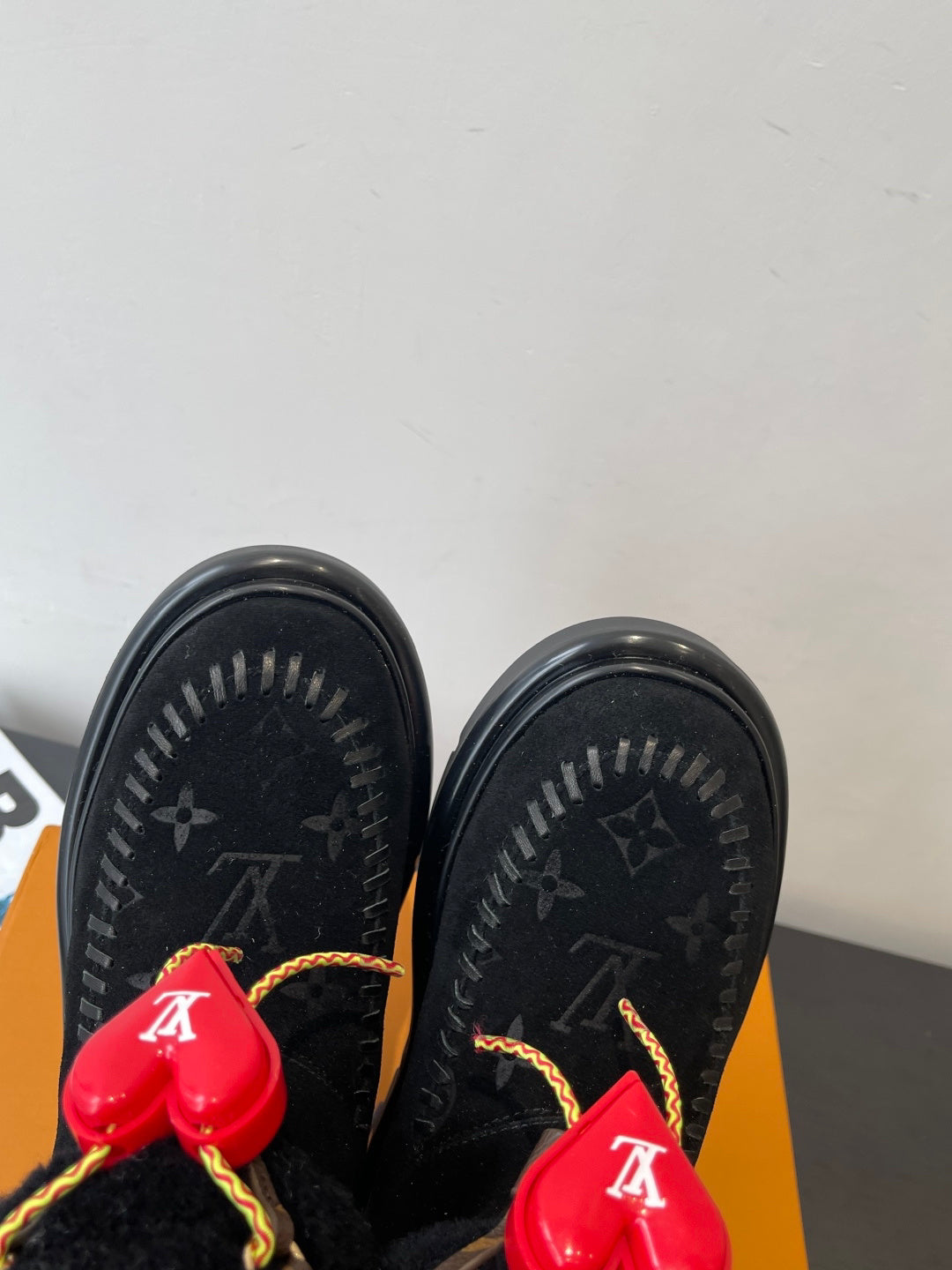 LV Snow Boots - Black Monogram Shearling Heart Charm Ankle Boots