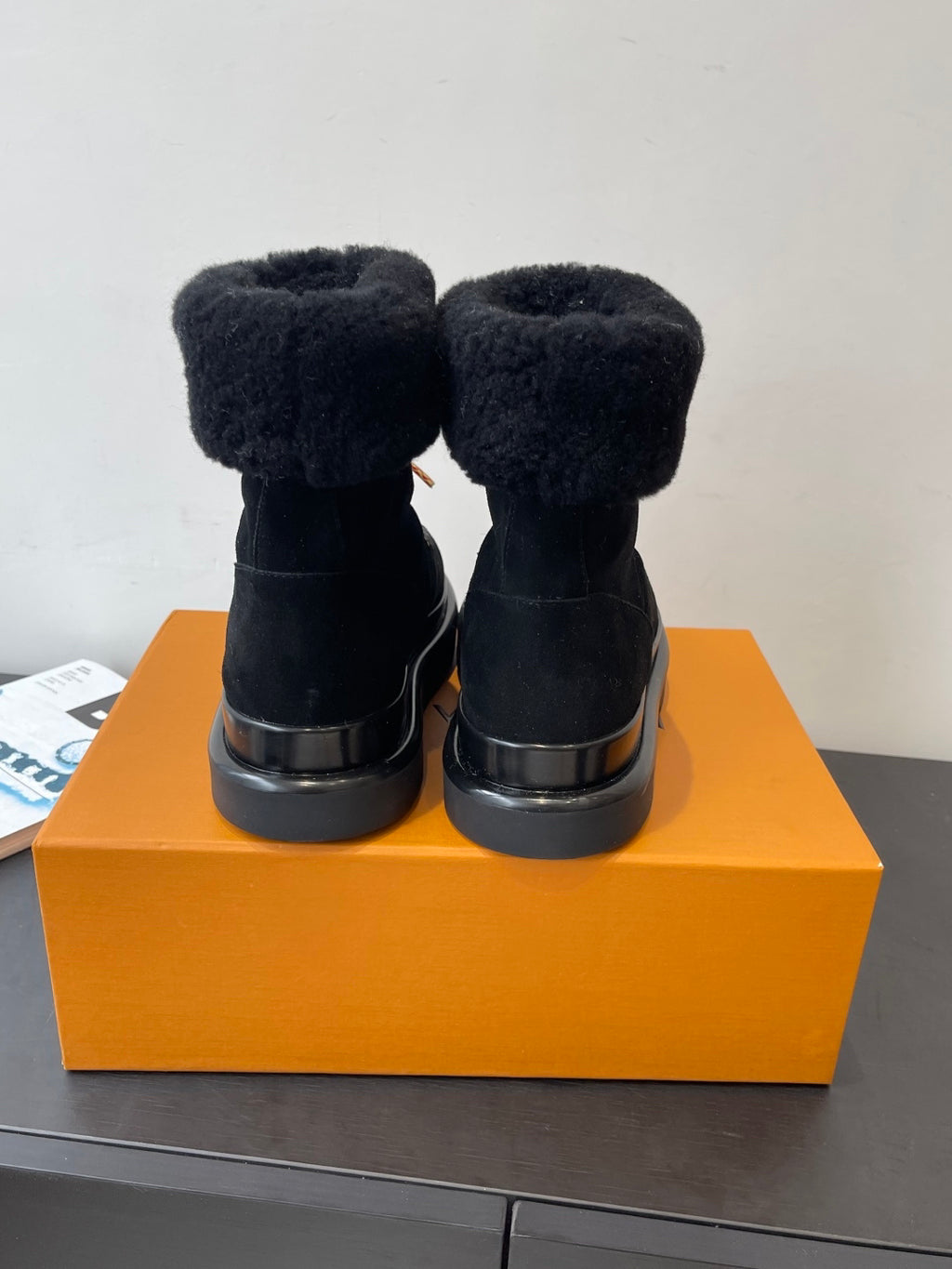LV Snow Boots - Black Monogram Shearling Heart Charm Ankle Boots