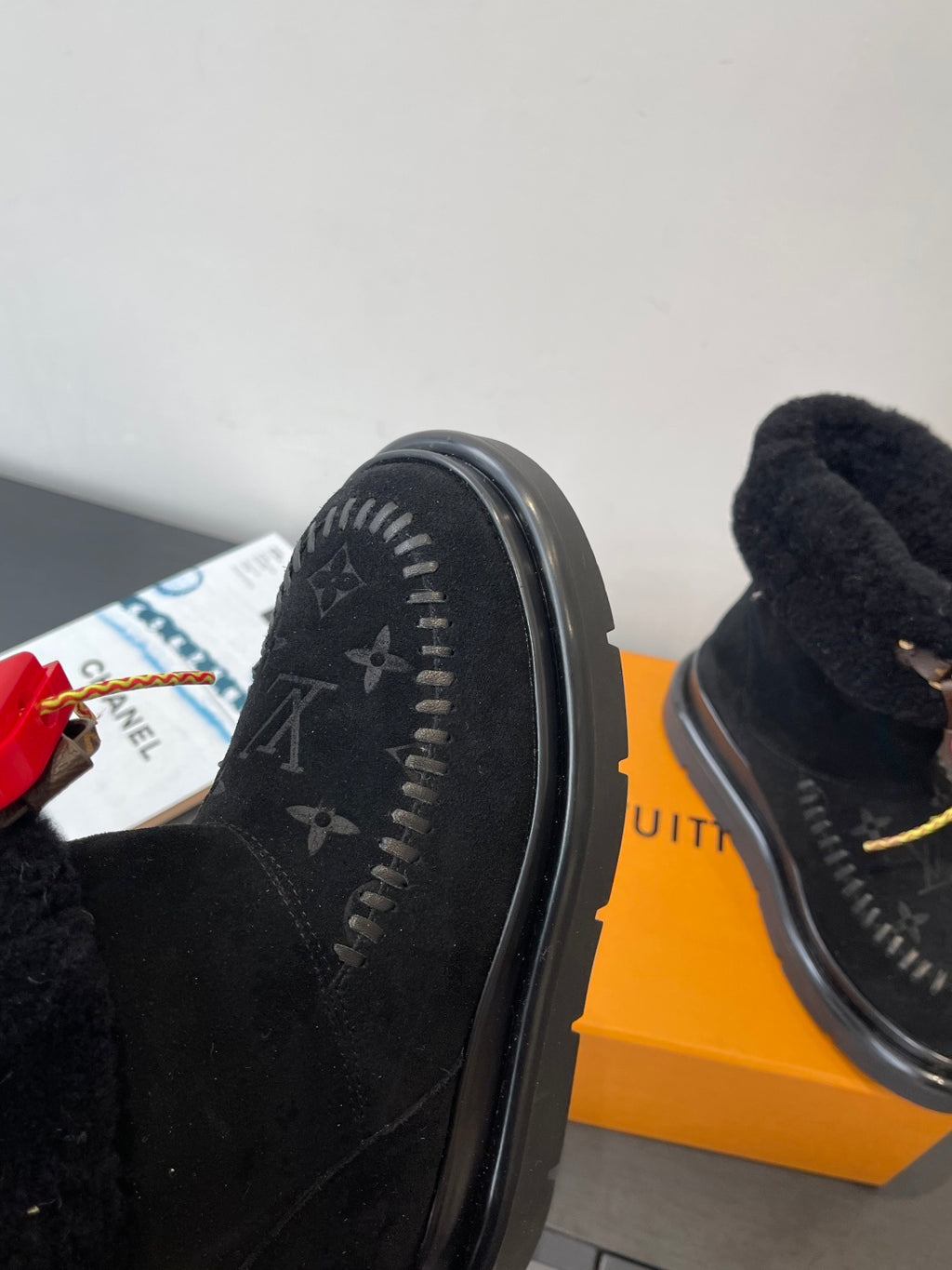 LV Snow Boots - Black Monogram Shearling Heart Charm Ankle Boots