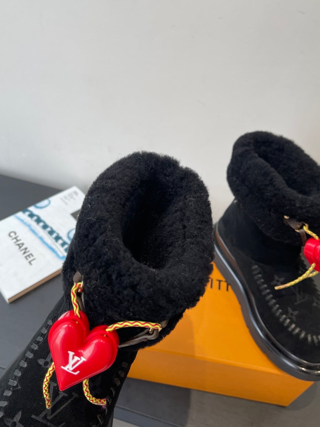 LV Snow Boots - Black Monogram Shearling Heart Charm Ankle Boots