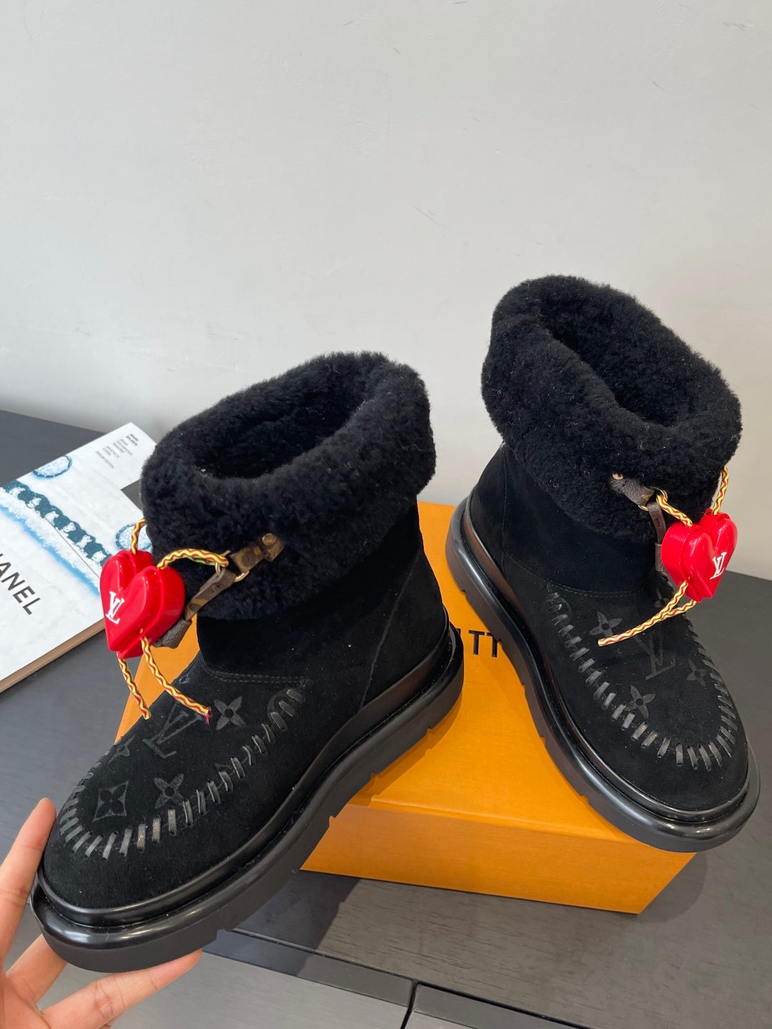 LV Snow Boots - Black Monogram Shearling Heart Charm Ankle Boots
