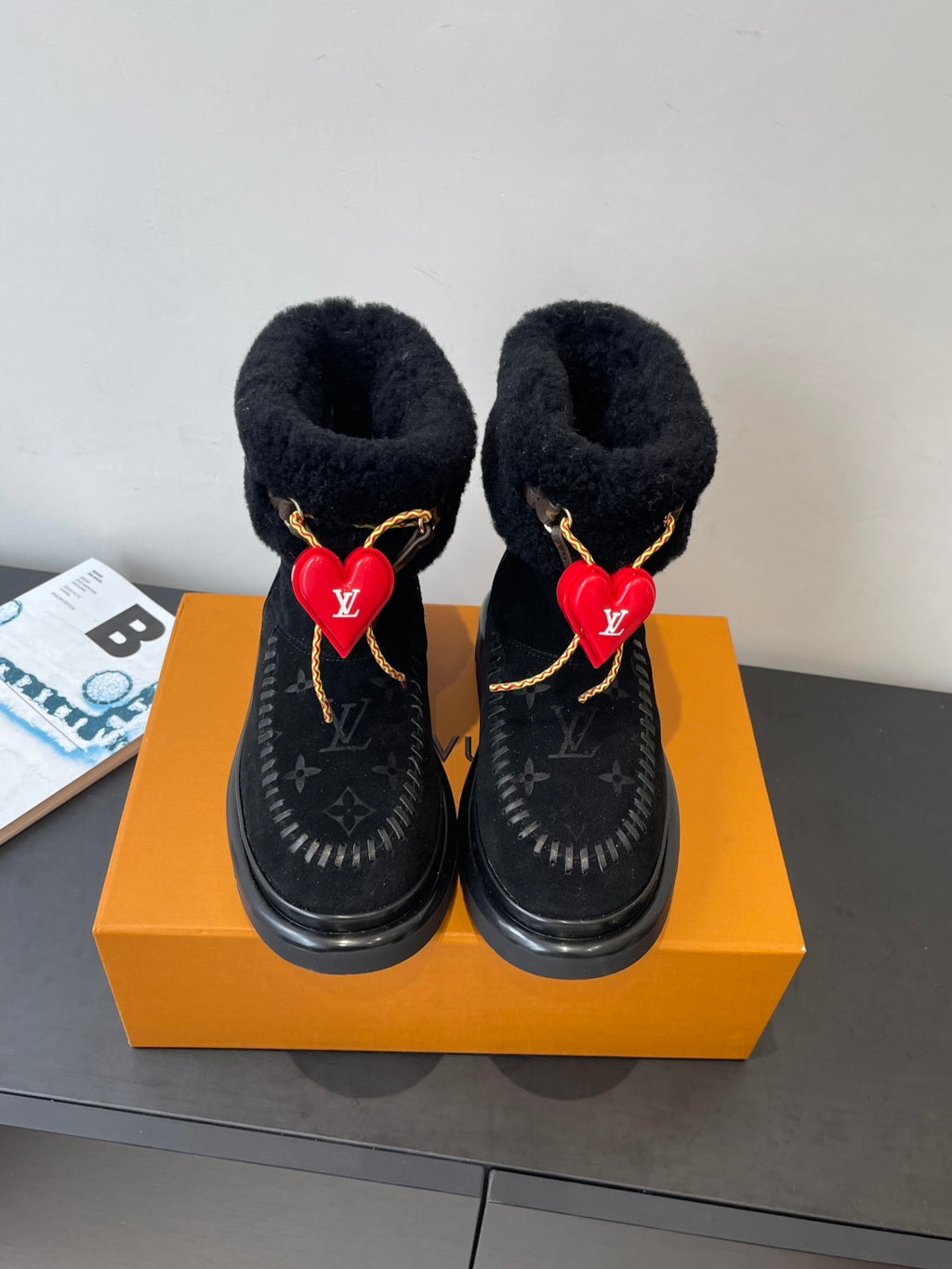 LV Snow Boots - Black Monogram Shearling Heart Charm Ankle Boots