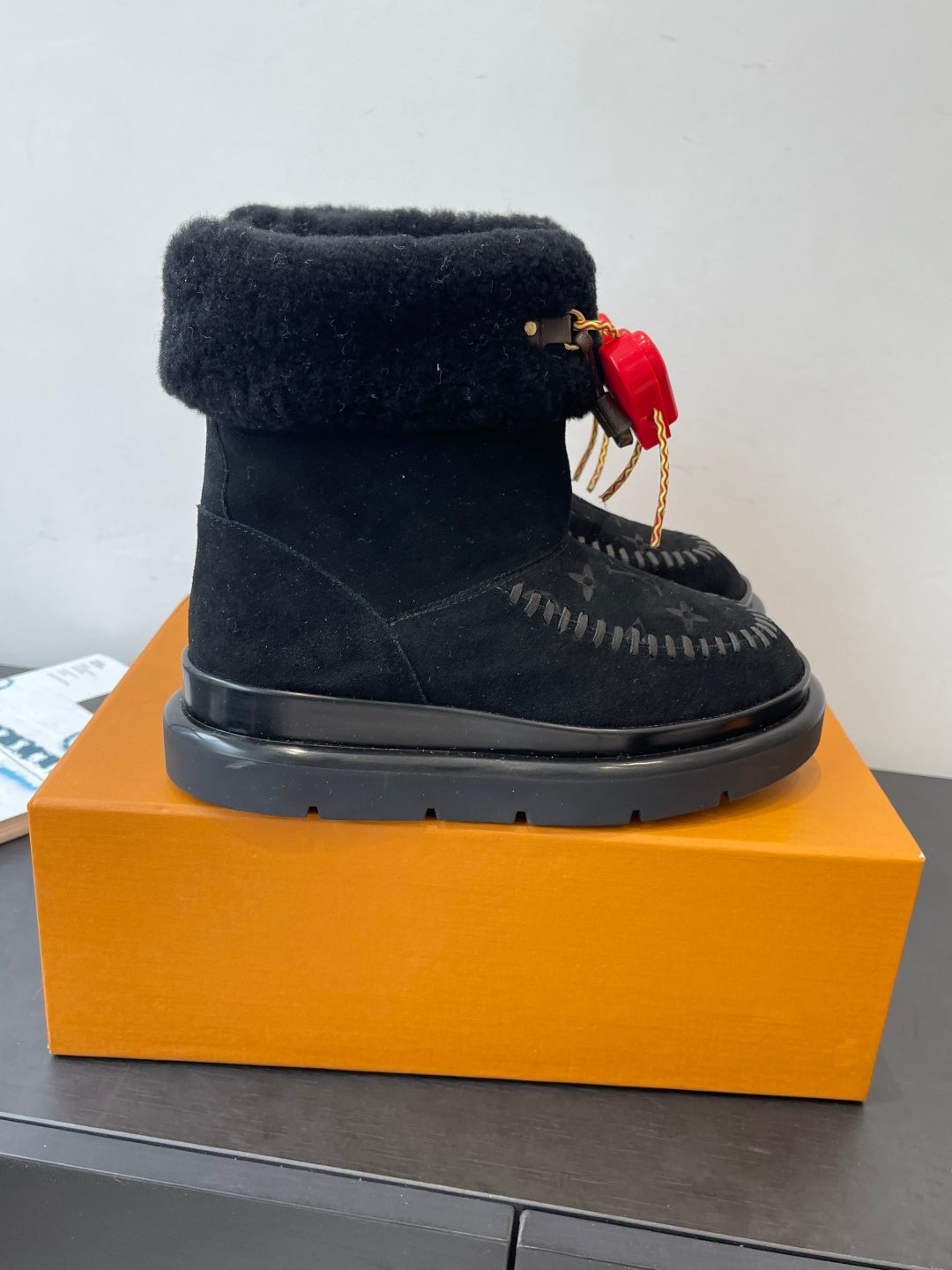 LV Snow Boots - Black Monogram Shearling Heart Charm Ankle Boots