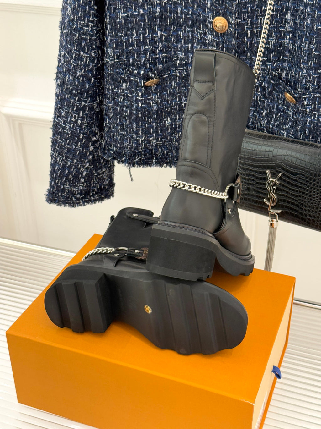 LV Biker Boots - Black Leather & Monogram Chain