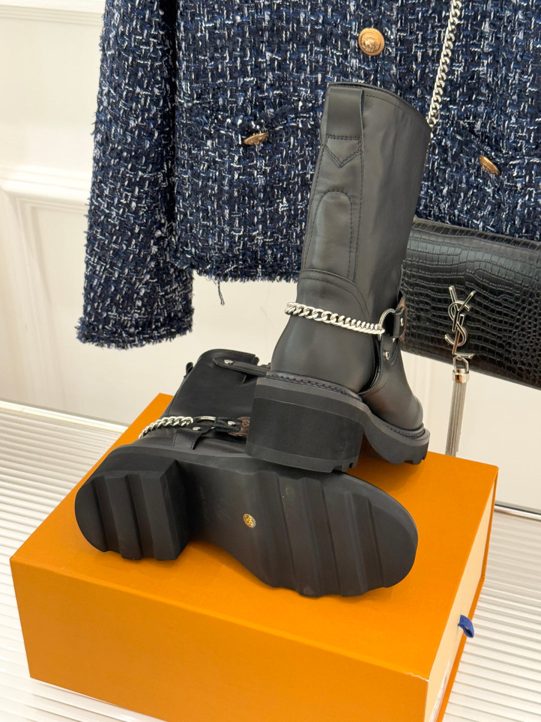 LV Biker Boots - Black Leather & Monogram Chain