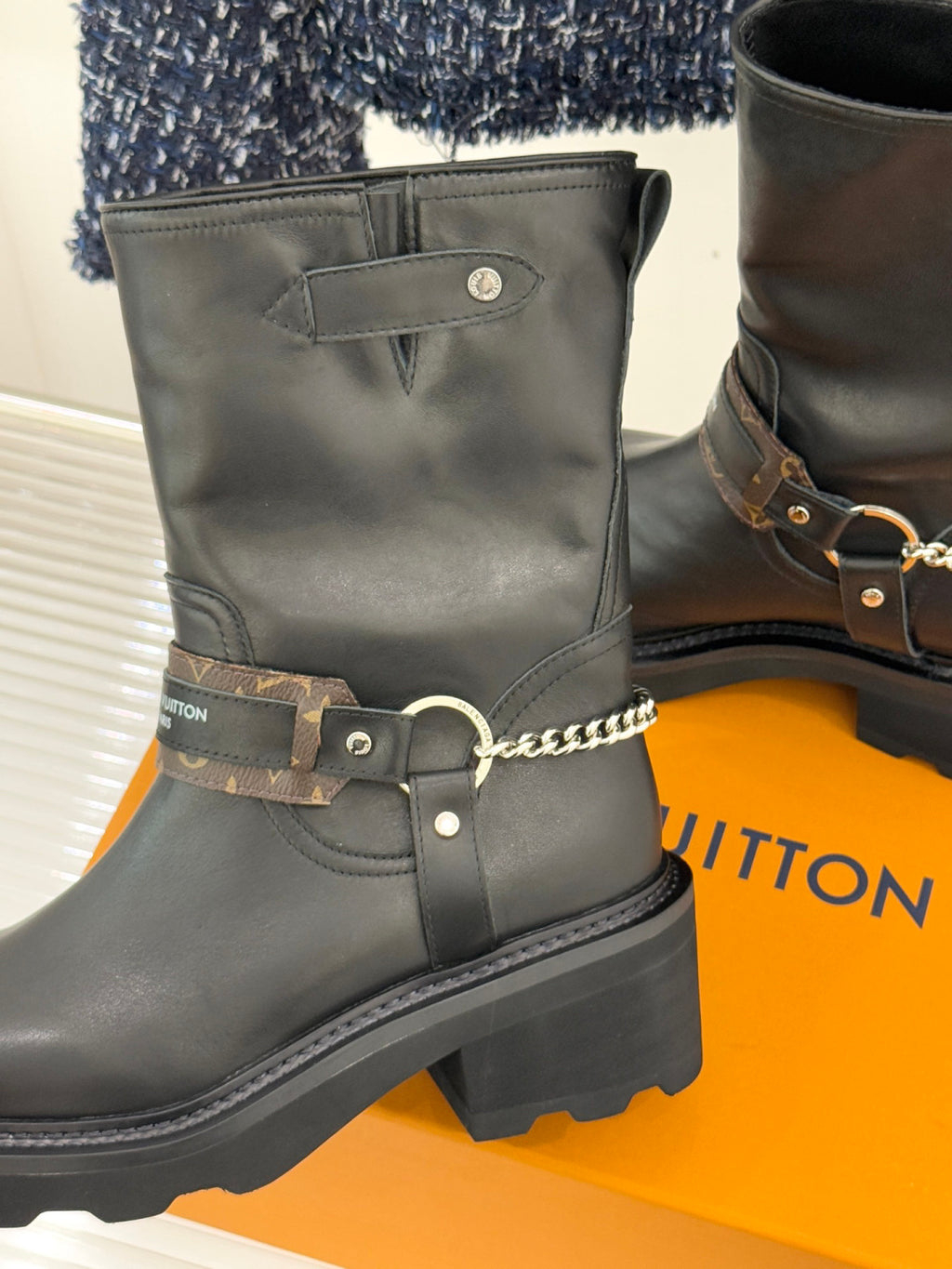 LV Biker Boots - Black Leather & Monogram Chain