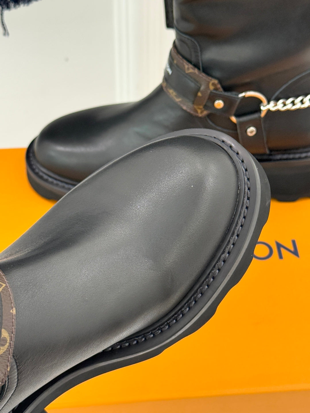 LV Biker Boots - Black Leather & Monogram Chain
