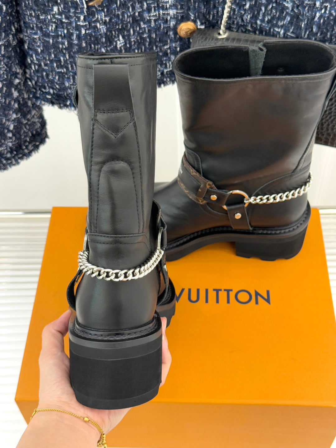 LV Biker Boots - Black Leather & Monogram Chain