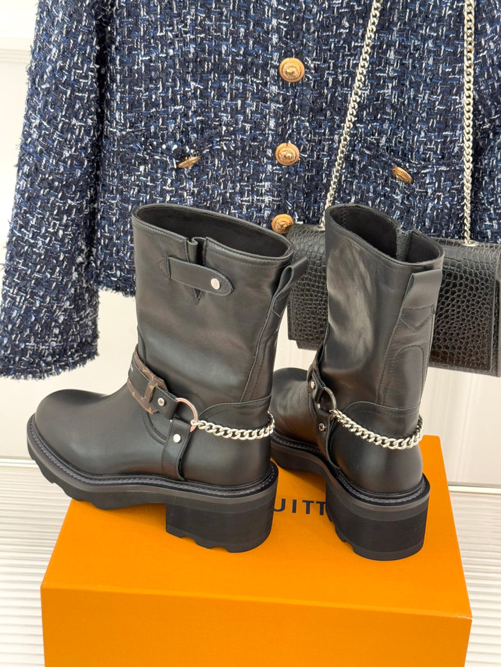 LV Biker Boots - Black Leather & Monogram Chain