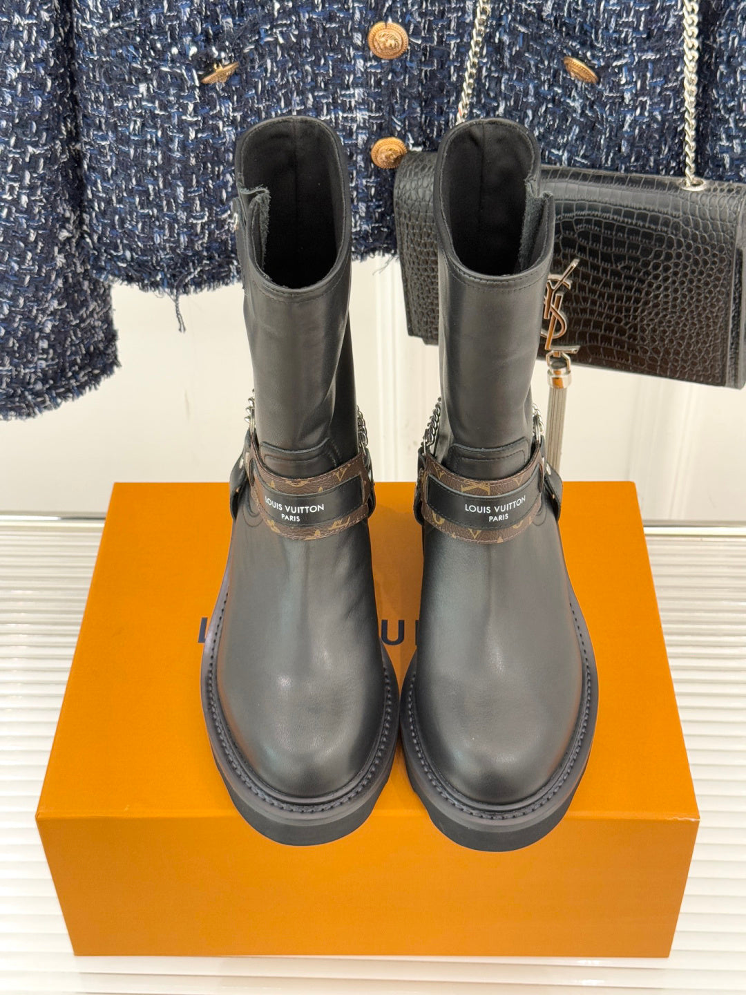LV Biker Boots - Black Leather & Monogram Chain