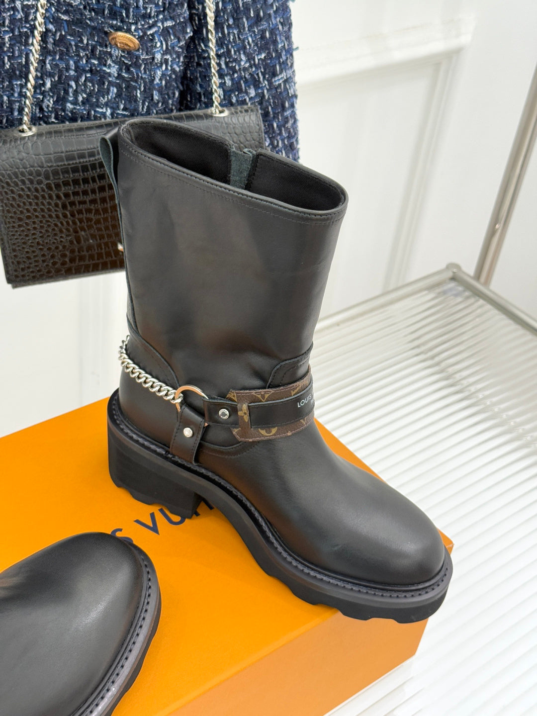 LV Biker Boots - Black Leather & Monogram Chain