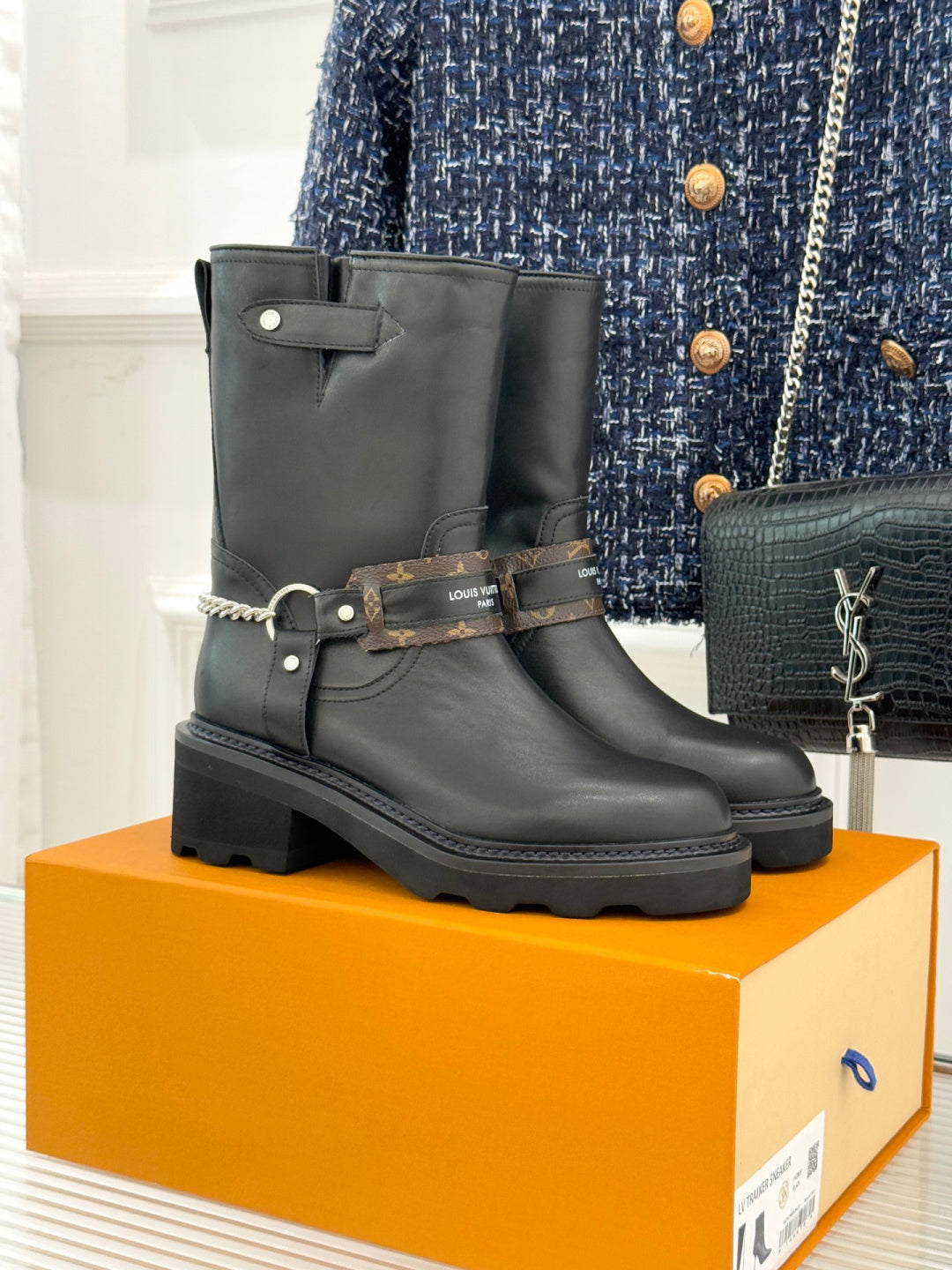 LV Biker Boots - Black Leather & Monogram Chain