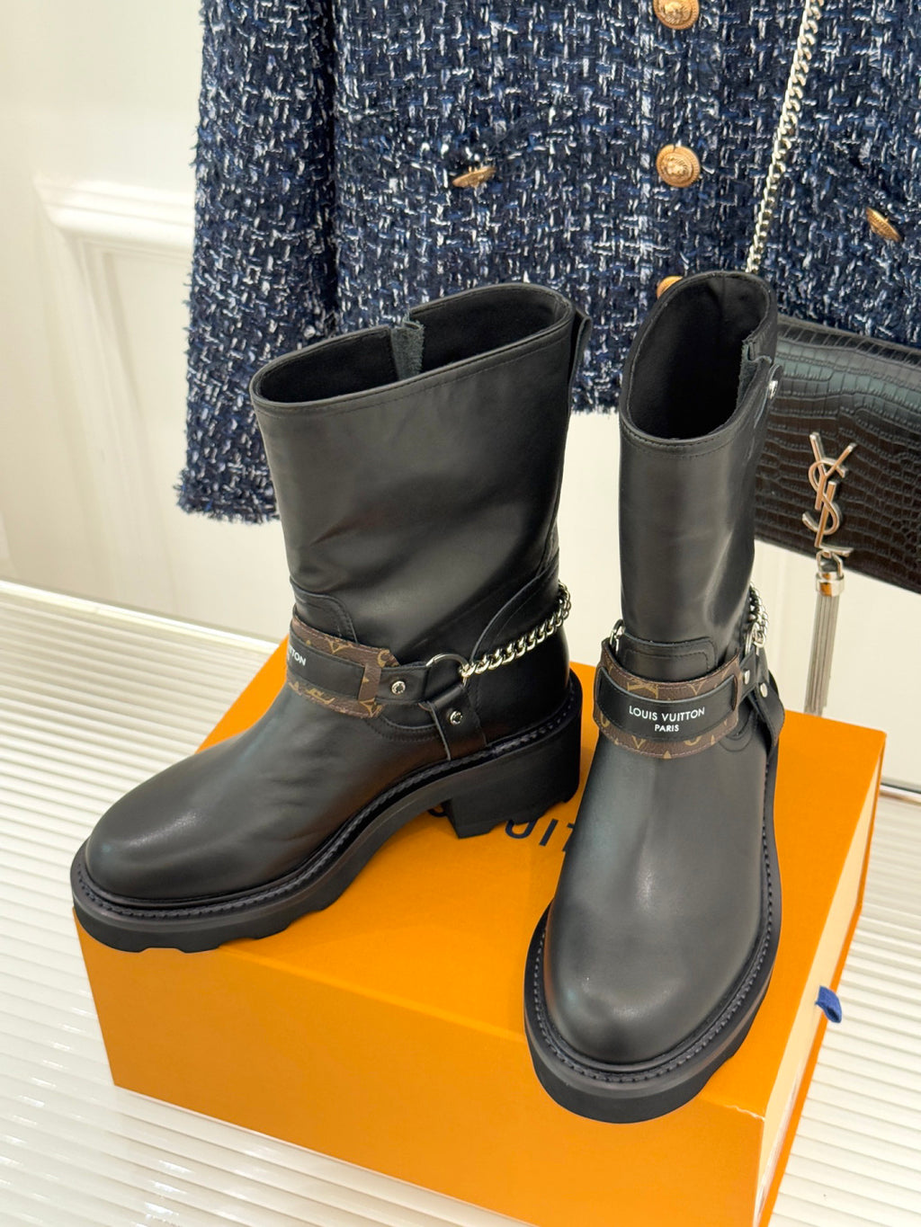 LV Biker Boots - Black Leather & Monogram Chain