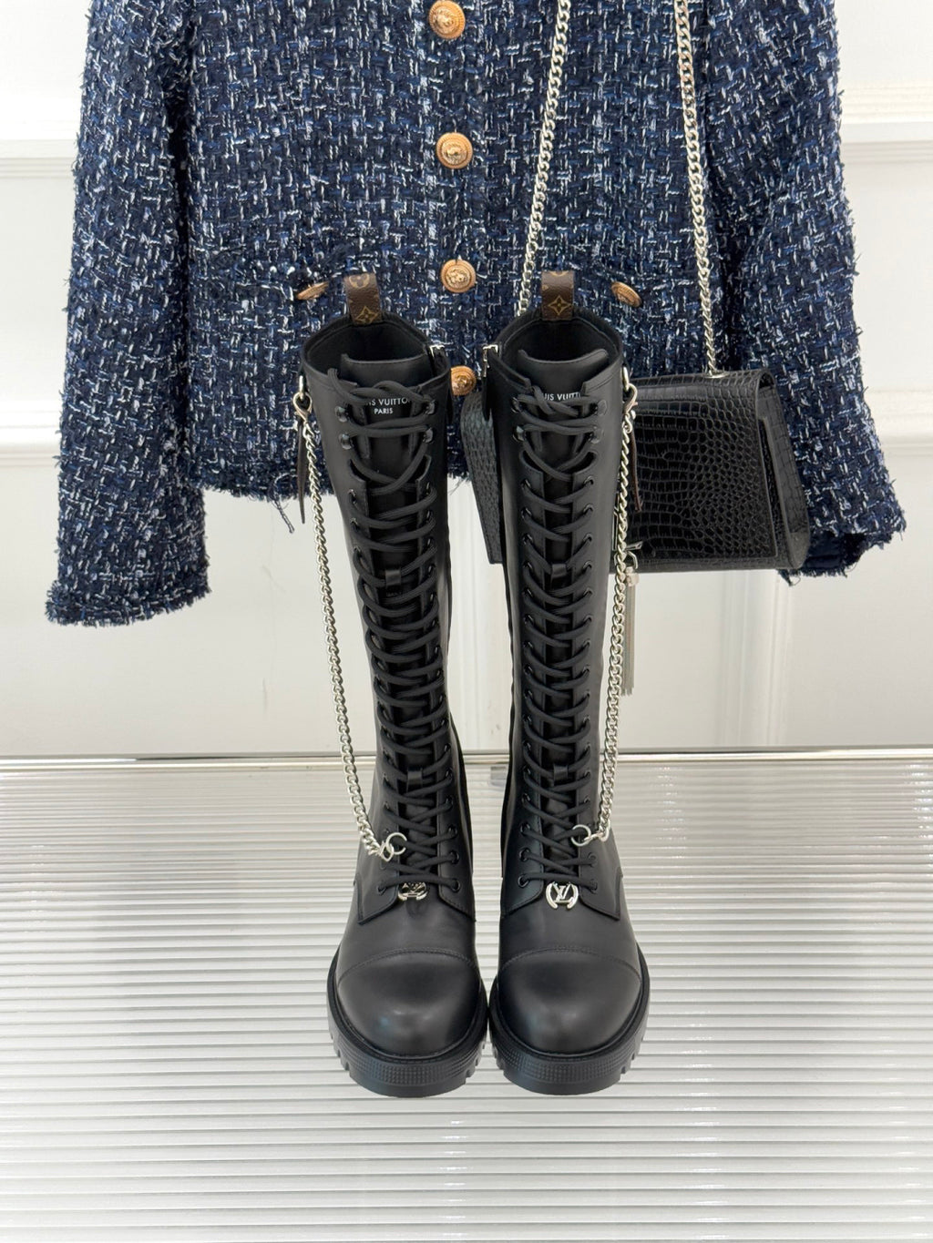 LV Combat Boots - Black Leather Lace-Up Knee High
