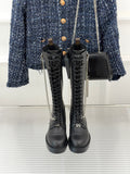 LV Combat Boots - Black Leather Lace-Up Knee High