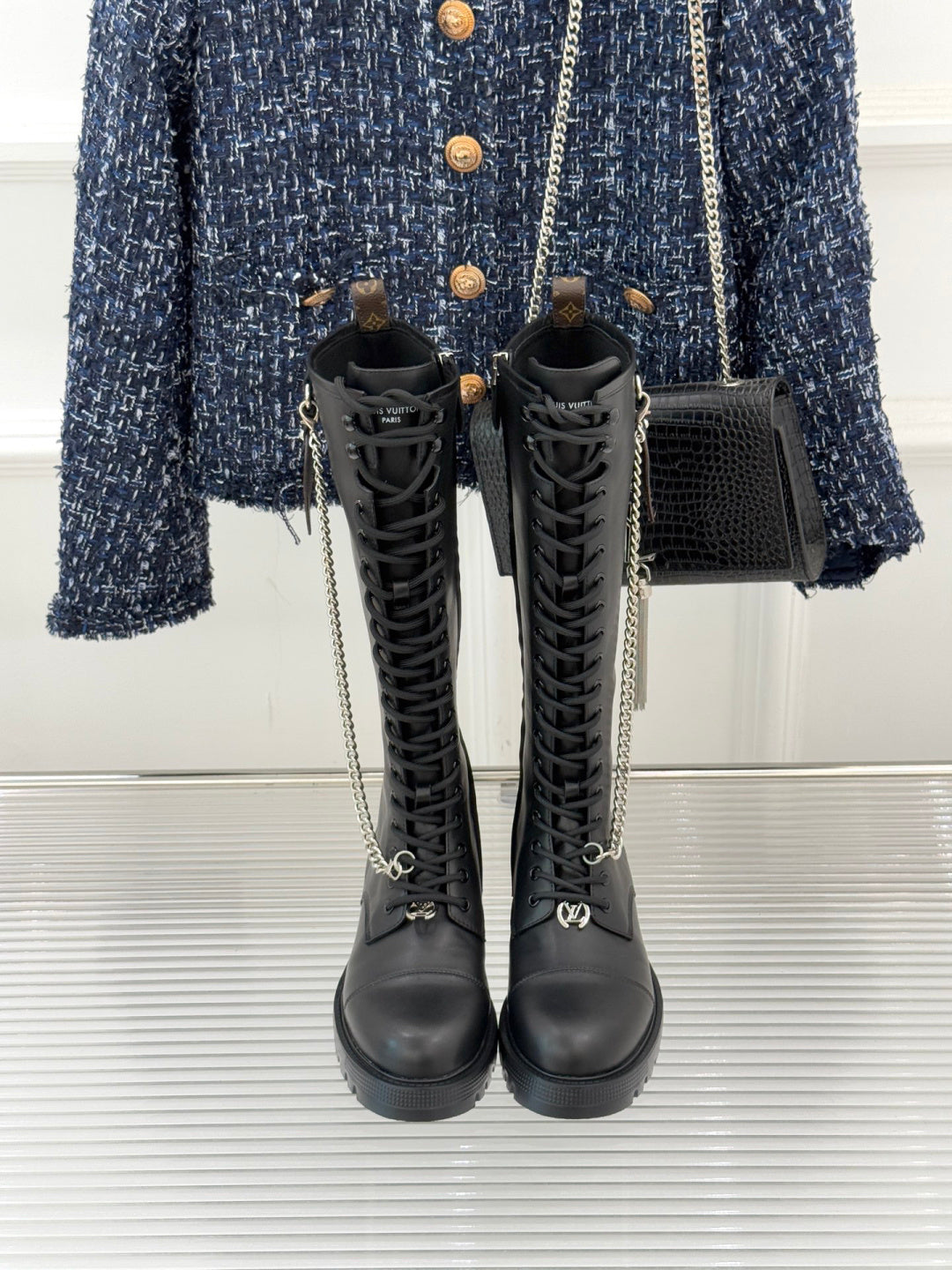 LV Combat Boots - Black Leather Lace-Up Knee High