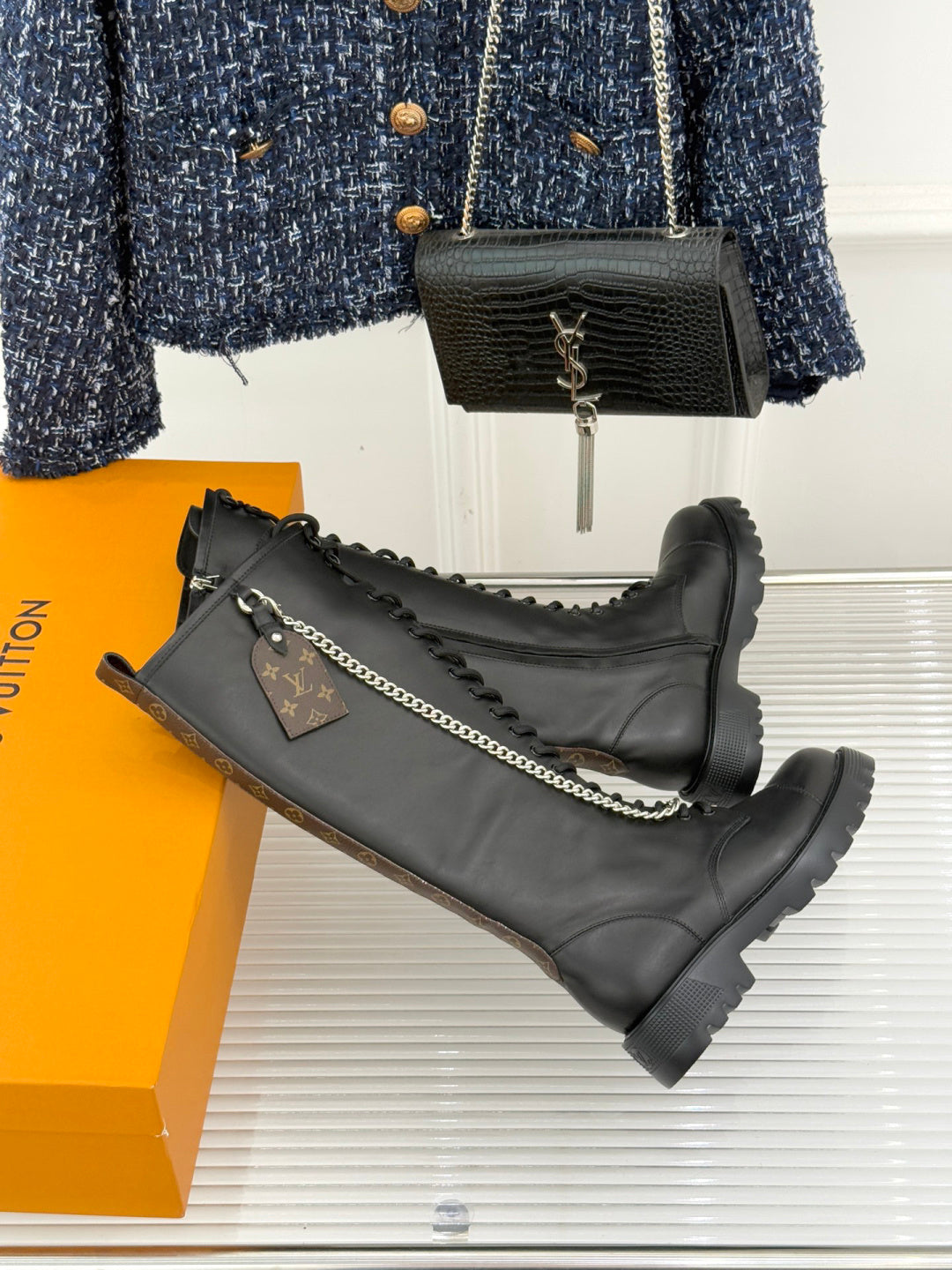 LV Combat Boots - Black Leather Lace-Up Knee High