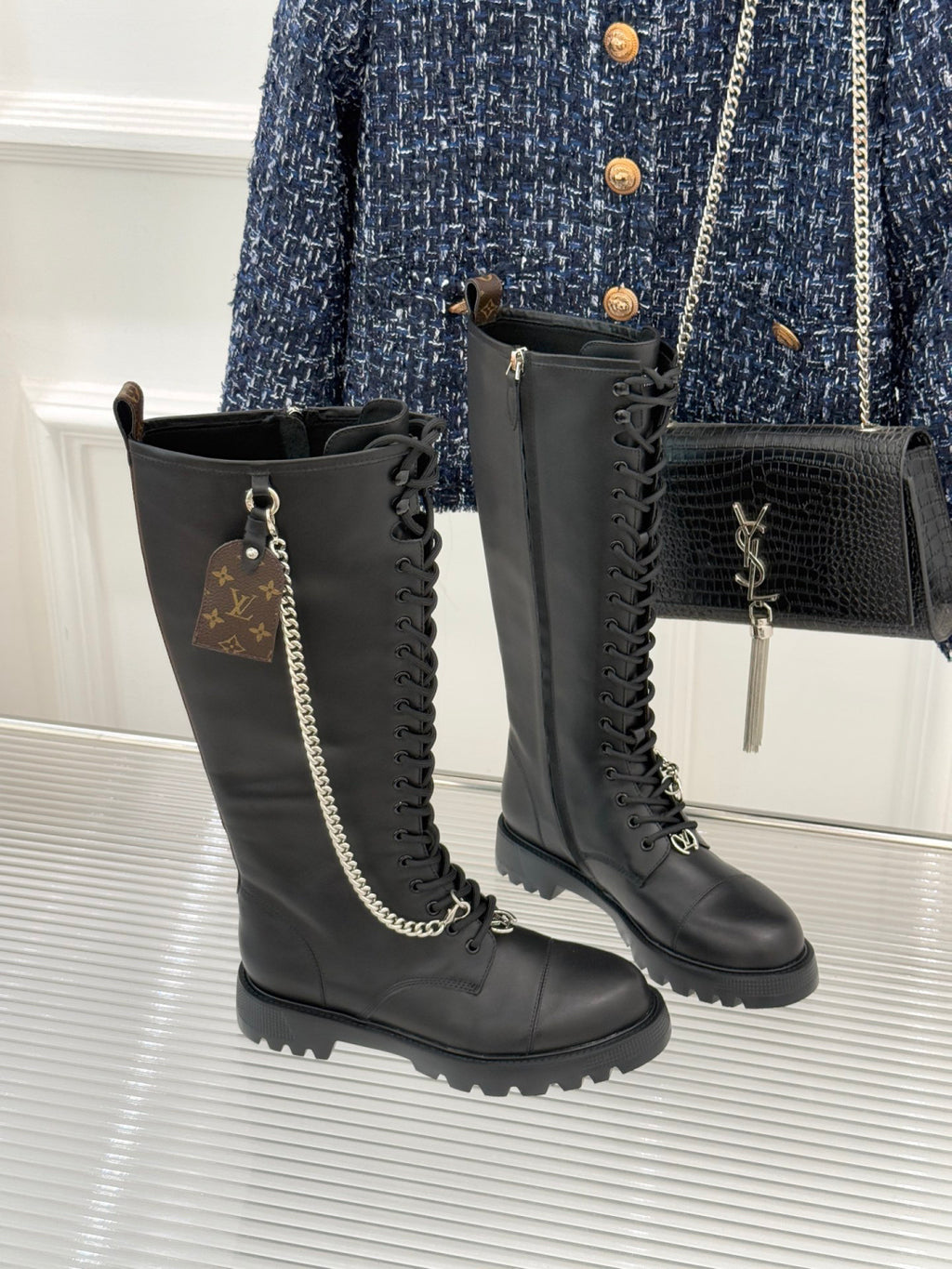 LV Combat Boots - Black Leather Lace-Up Knee High