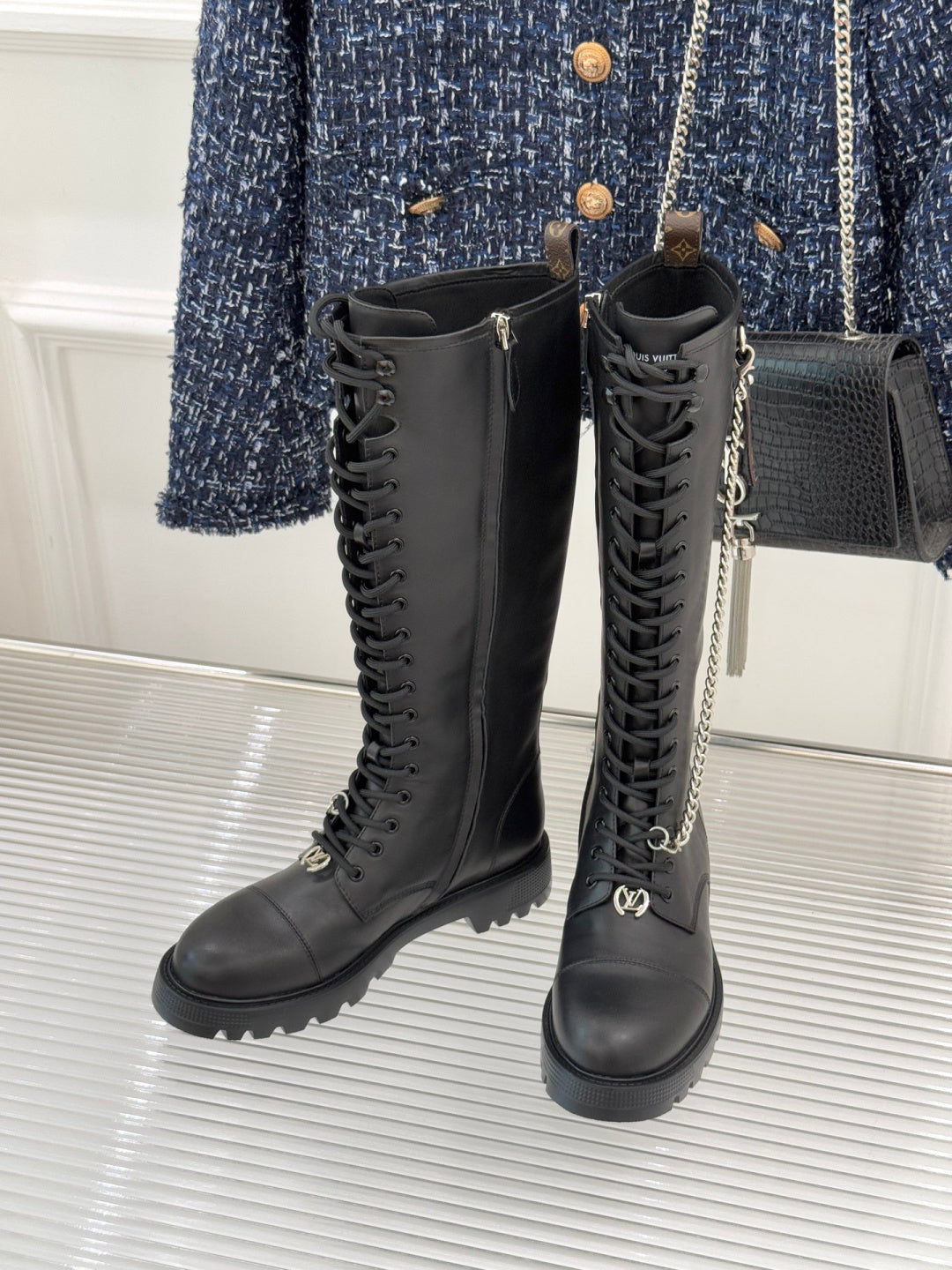 LV Combat Boots - Black Leather Lace-Up Knee High